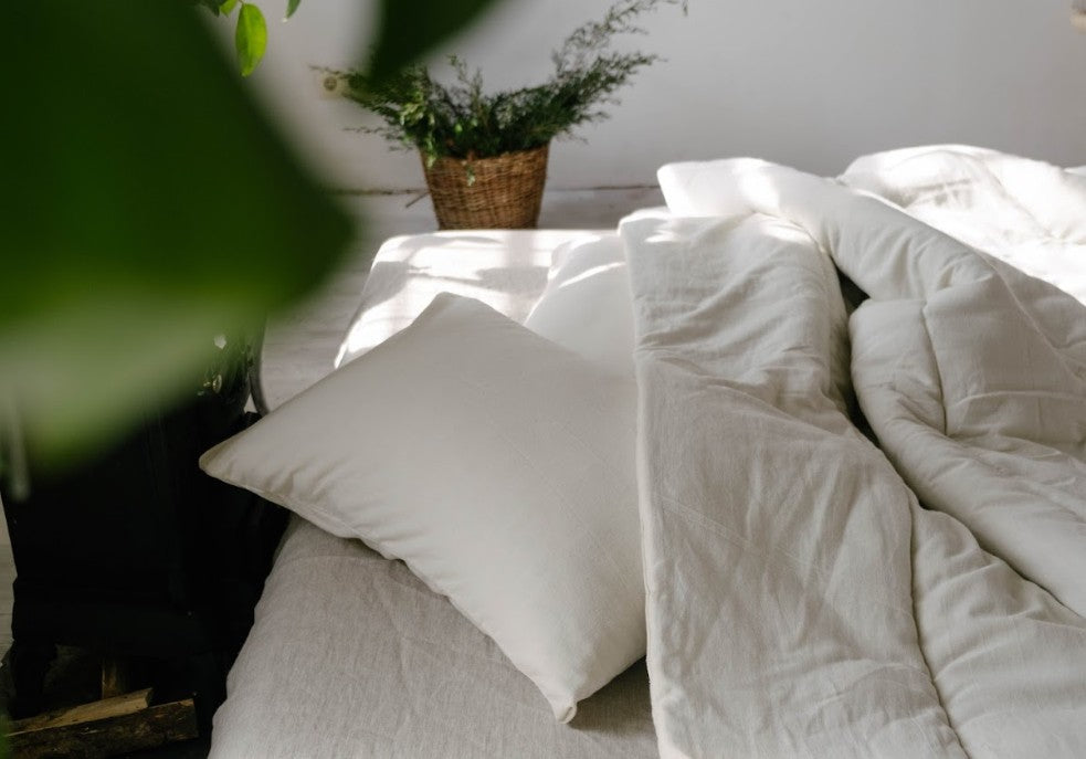 Illustration showing the journey of natural hemp fibers from harvesting to use in eco-friendly home textiles like cushions and bedding.