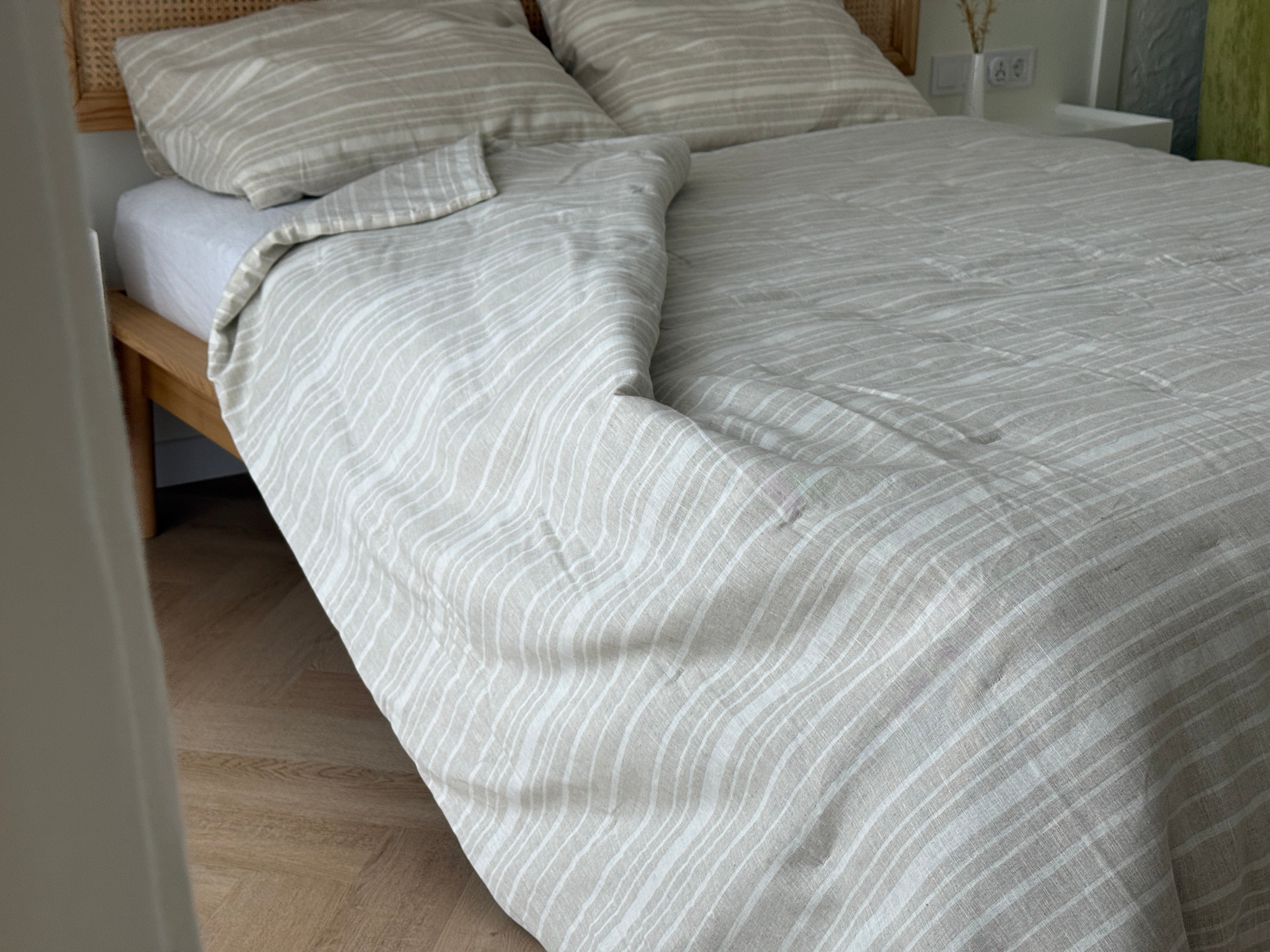 Organic Hemp Linen Quilt Blanket Hemp Fiber Fill, "Country stripes" quilted