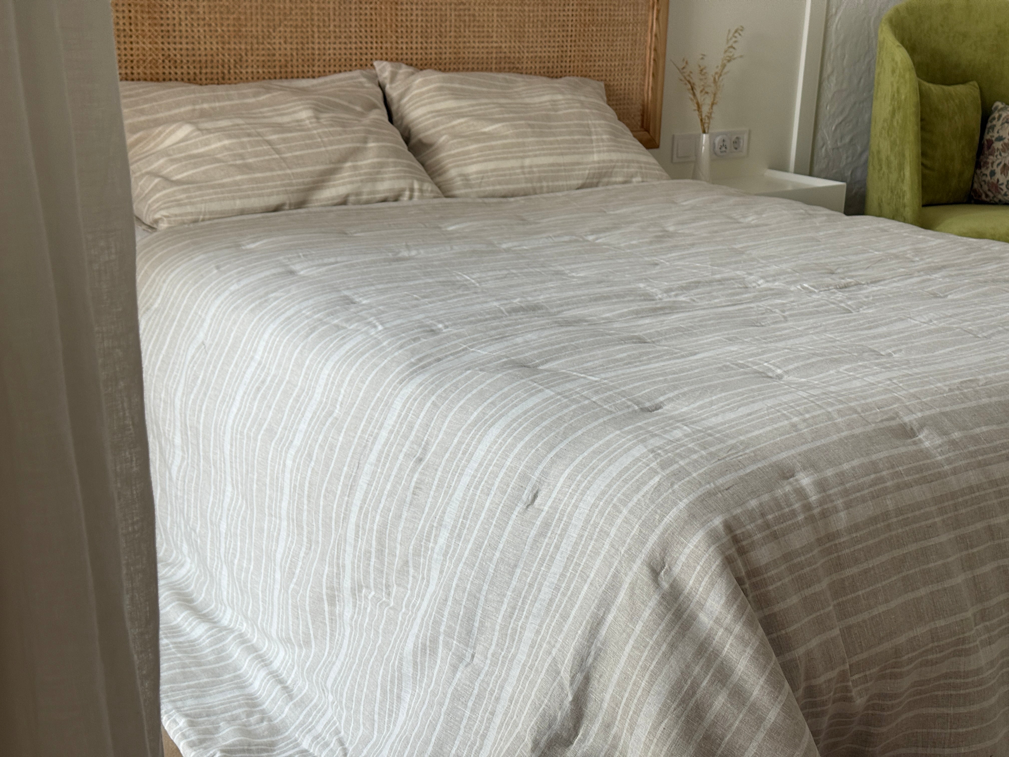Organic Hemp Linen Quilt Blanket Hemp Fiber Fill, "Country stripes" quilted