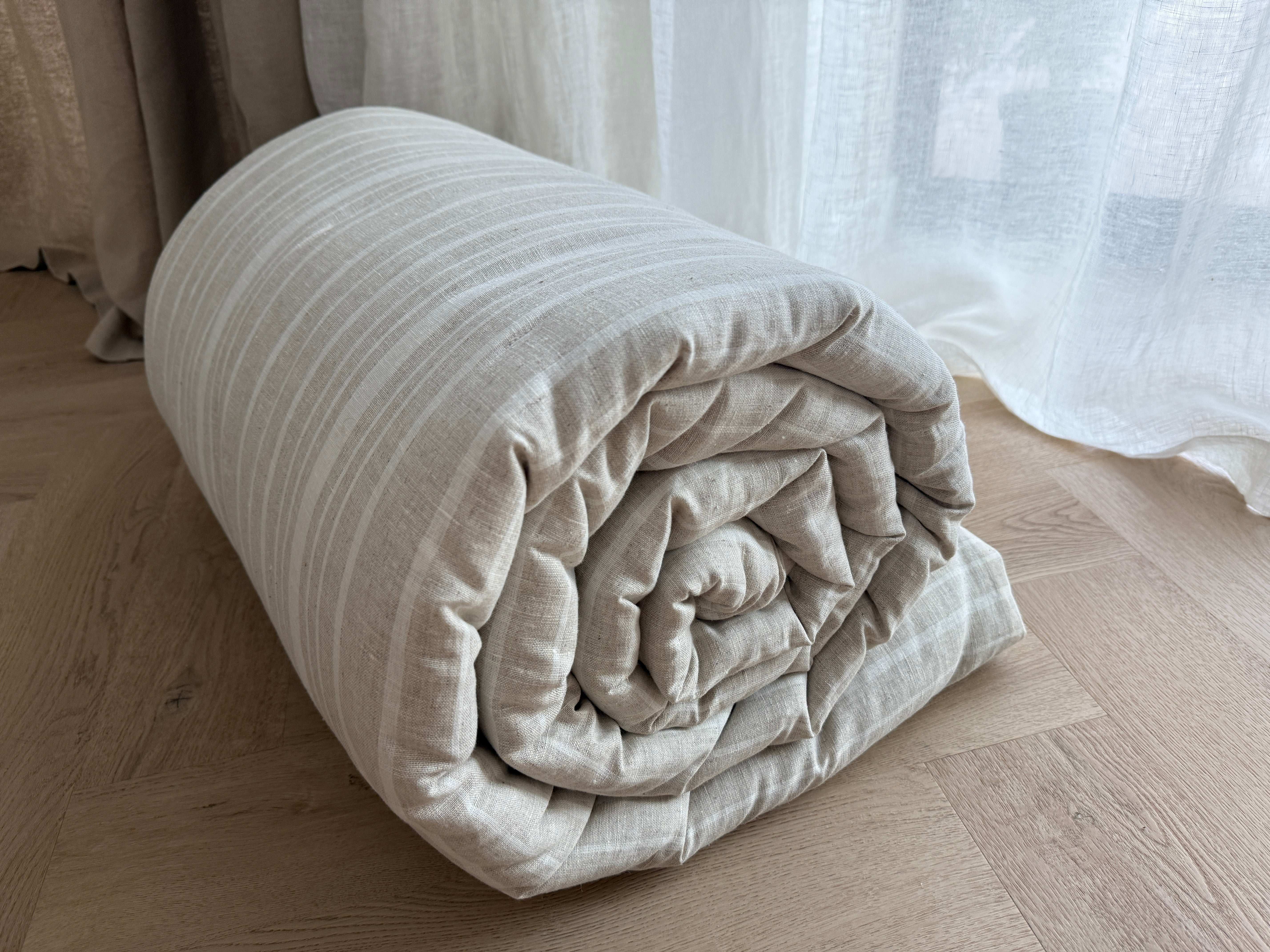 Organic Hemp Linen Quilt Blanket Hemp Fiber Fill, "Country stripes" quilted