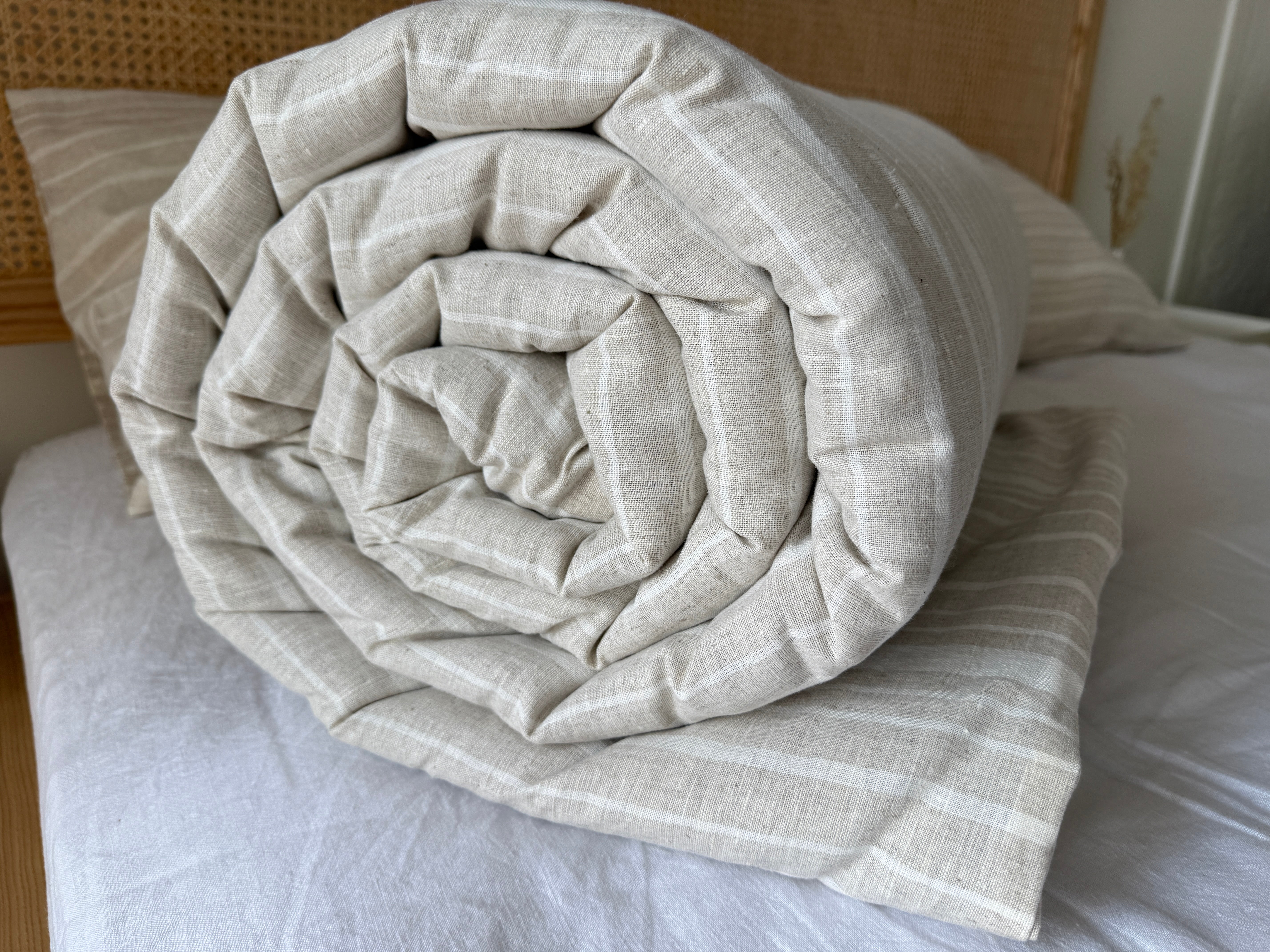 Organic Hemp Linen Quilt Blanket Hemp Fiber Fill, "Country stripes" quilted