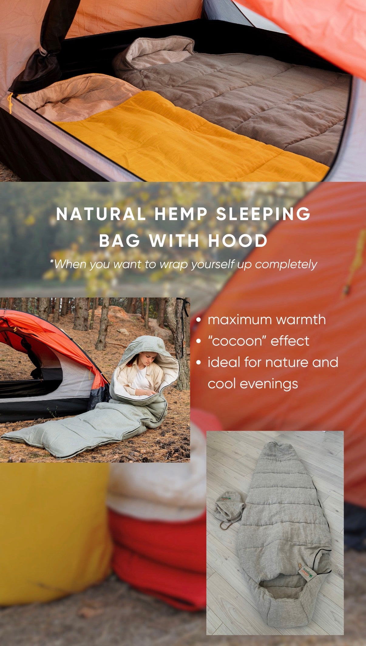 HEMP natural Sleeping bag with hood organic hemp fiber filling inside in linen non-dyed + pink fabric hand made