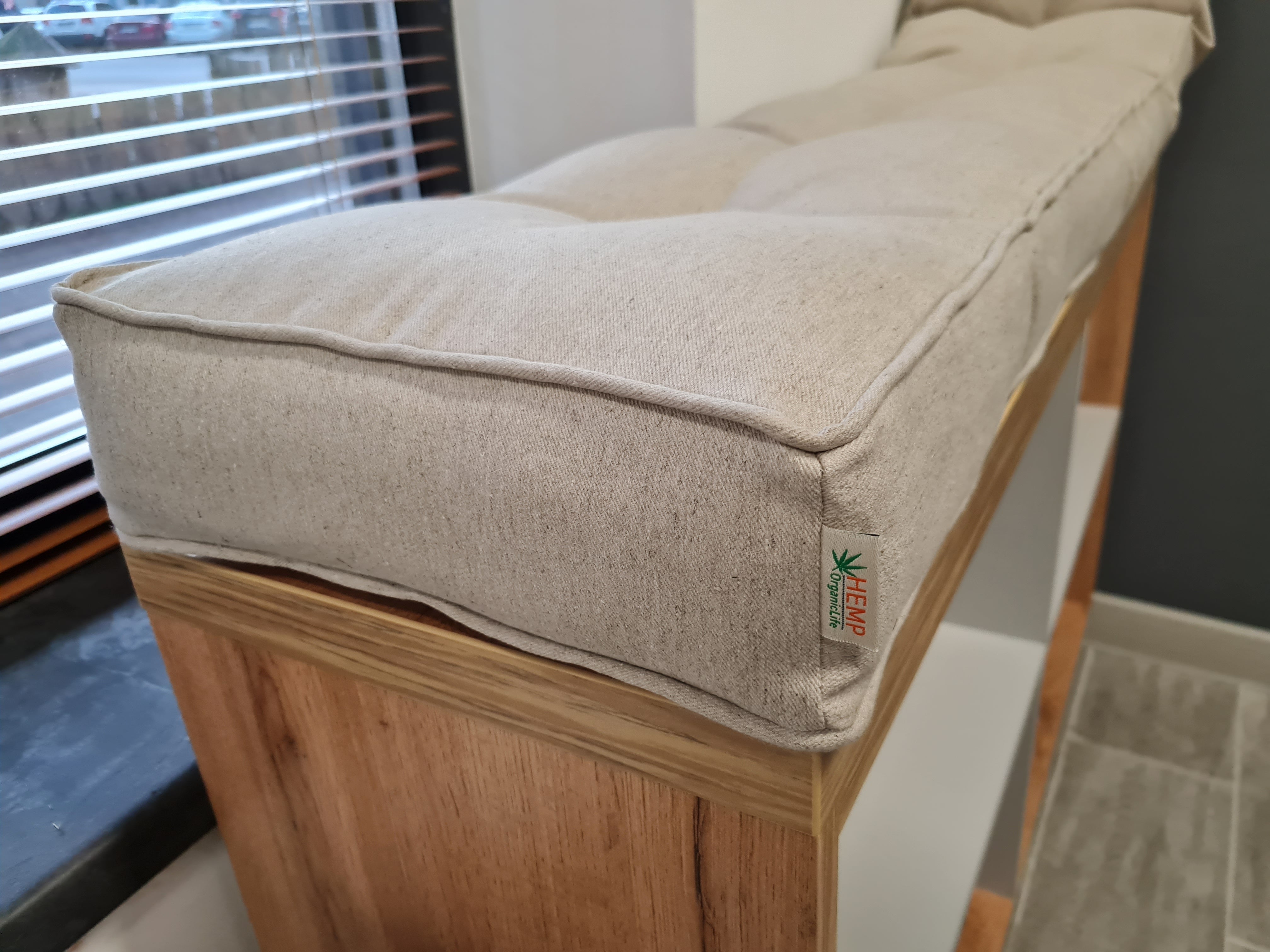 Hemp Custom made Window Mudroom Floor bench cushion with a lace filled organic hemp fiber in natural non-dyed linen fabric unique