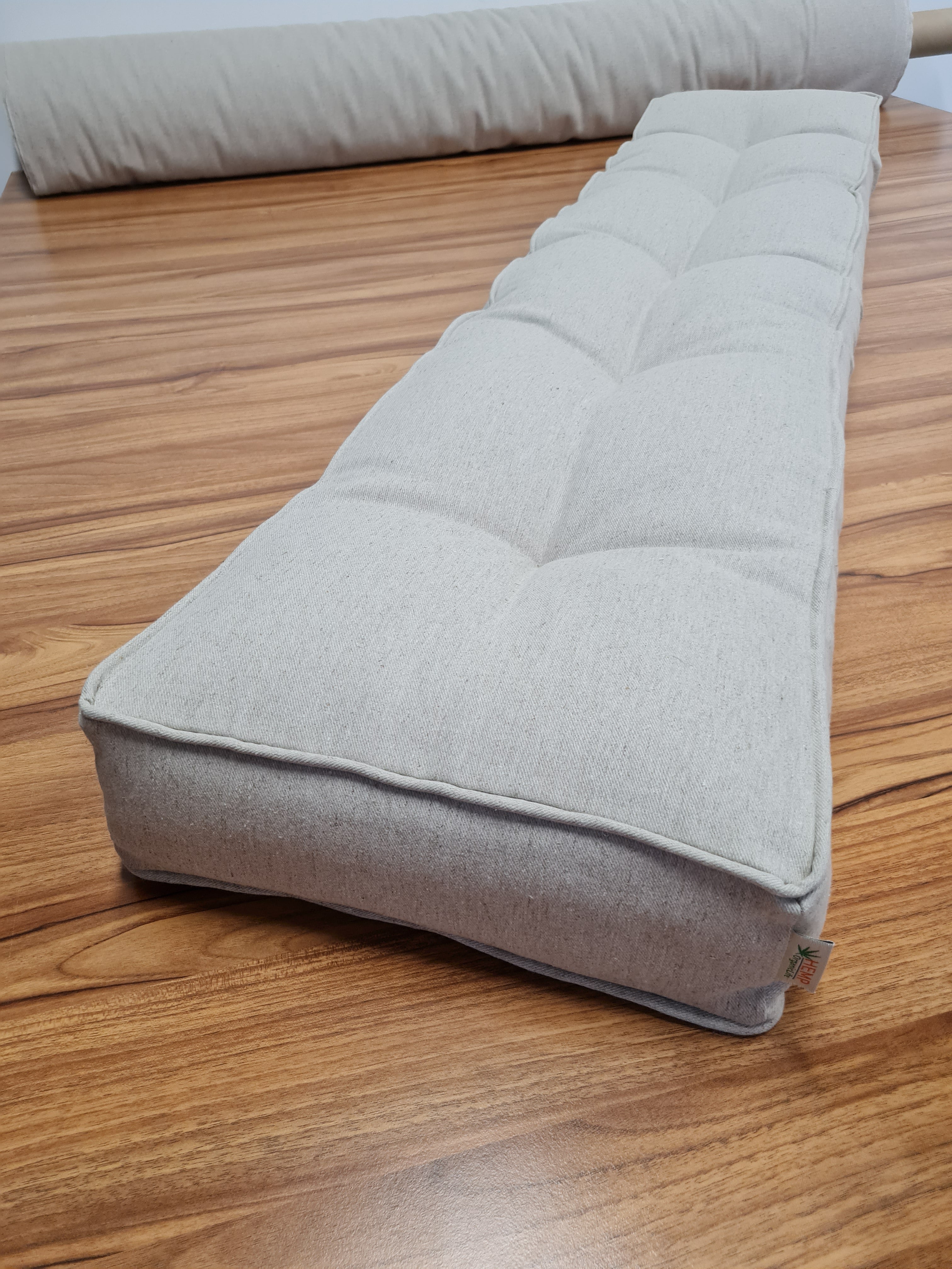 Hemp Custom made Window Mudroom Floor bench cushion with a lace filled organic hemp fiber in natural non-dyed linen fabric unique