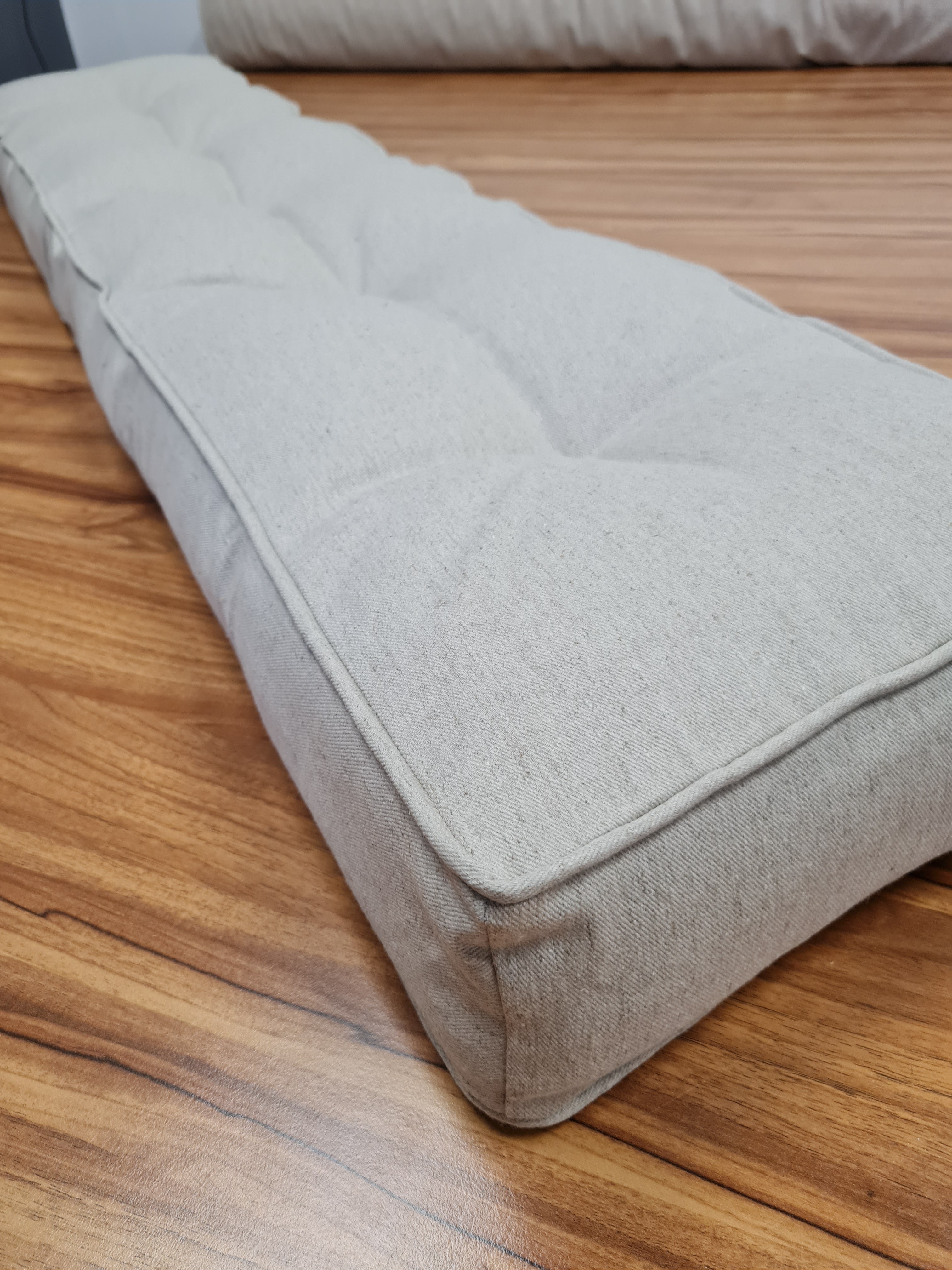 Hemp Custom made Window Mudroom Floor bench cushion with a lace filled organic hemp fiber in natural non-dyed linen fabric unique