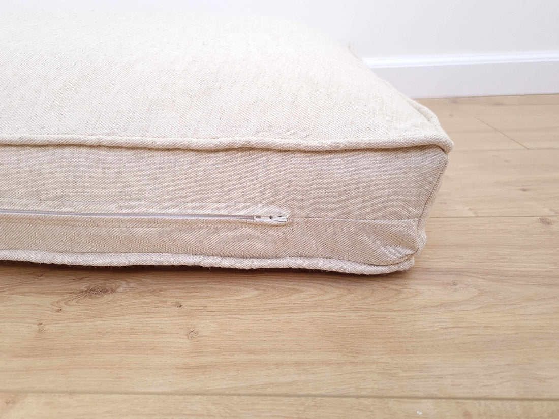 Hemp Custom made Window Mudroom Floor bench cushion with removable linen cover, with a lace, without stitches filled organic hemp fiber in natural non-dyed cotton fabric