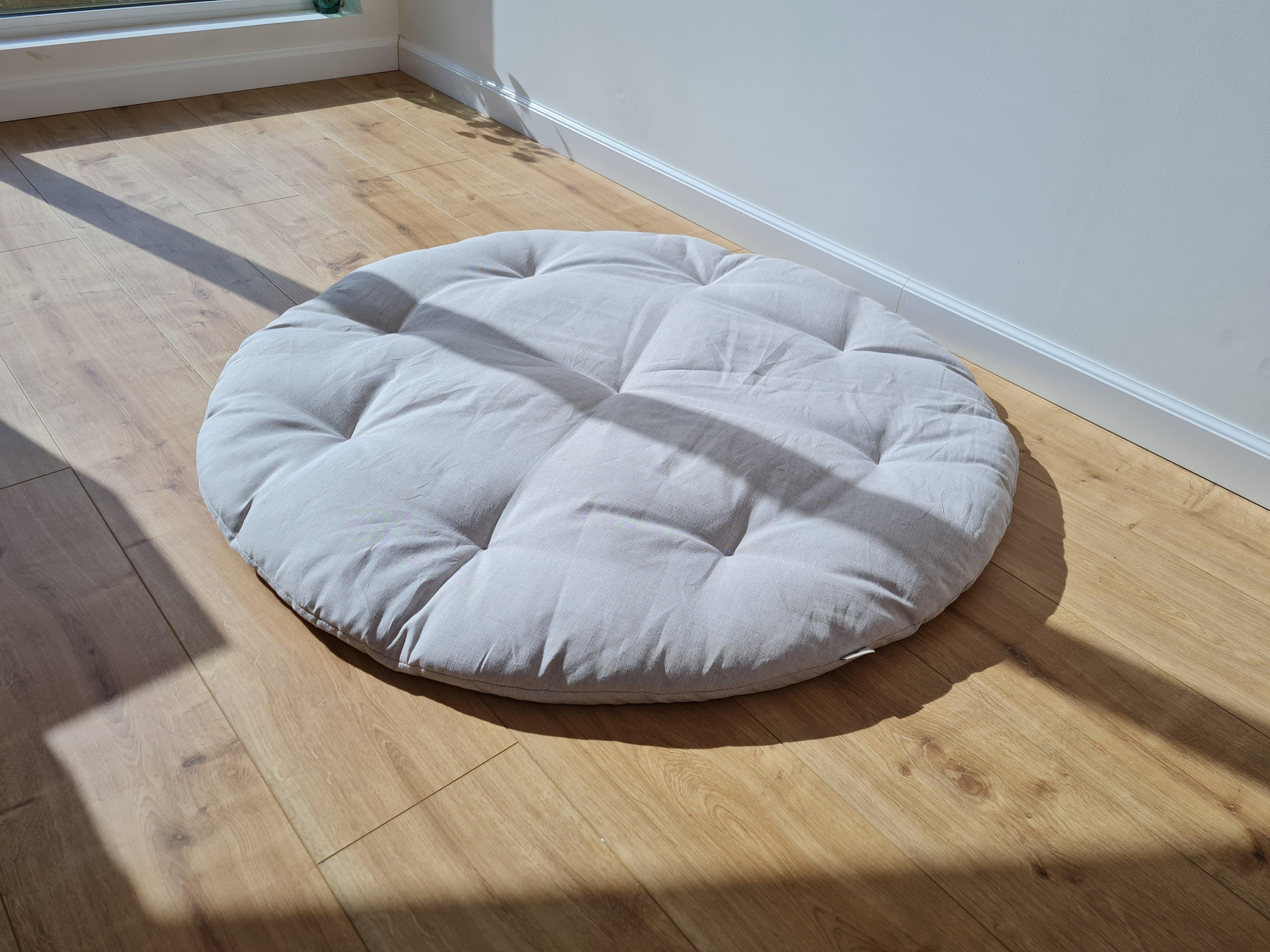 Hemp Linen 1" (2.5 cm) thick Round Play Mat Filled HEMP Fiber in non-dyed linen fabric baby crawling & play Mat Activity Tummy time mat