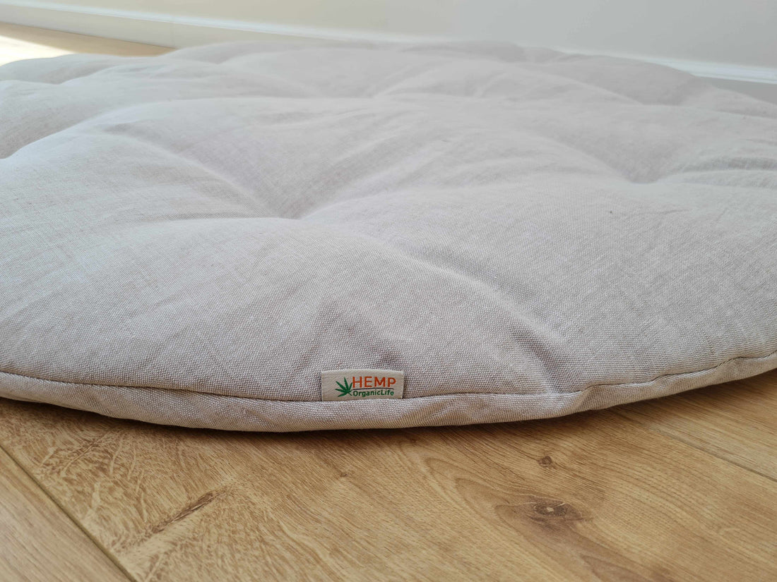 Hemp Linen 1" (2.5 cm) thick Round Play Mat Filled HEMP Fiber in non-dyed linen fabric baby crawling & play Mat Activity Tummy time mat