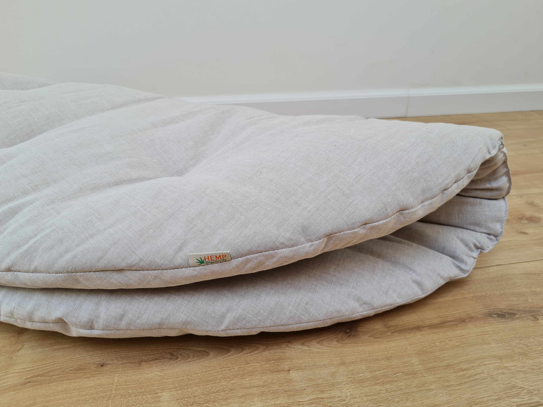 Hemp Linen 1" (2.5 cm) thick Round Play Mat Filled HEMP Fiber in non-dyed linen fabric baby crawling & play Mat Activity Tummy time mat