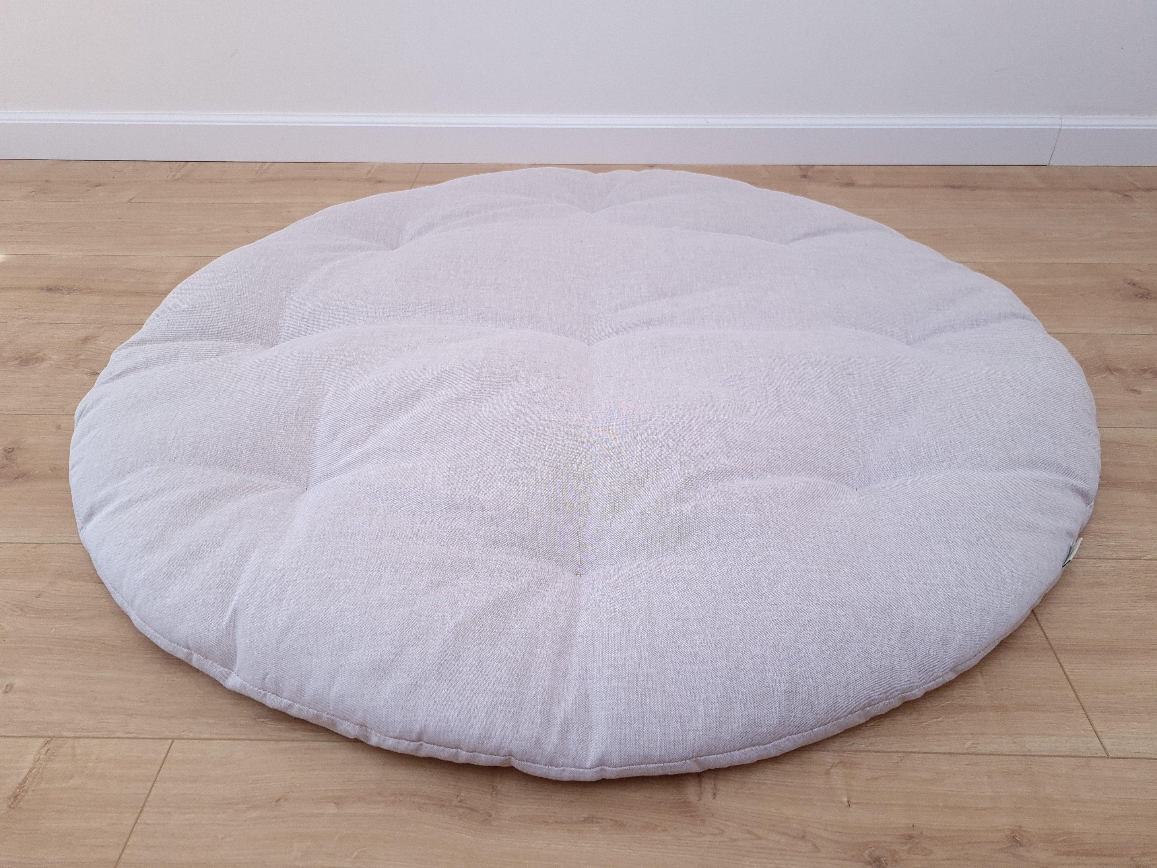 Hemp Linen 1" (2.5 cm) thick Round Play Mat Filled HEMP Fiber in non-dyed linen fabric baby crawling & play Mat Activity Tummy time mat
