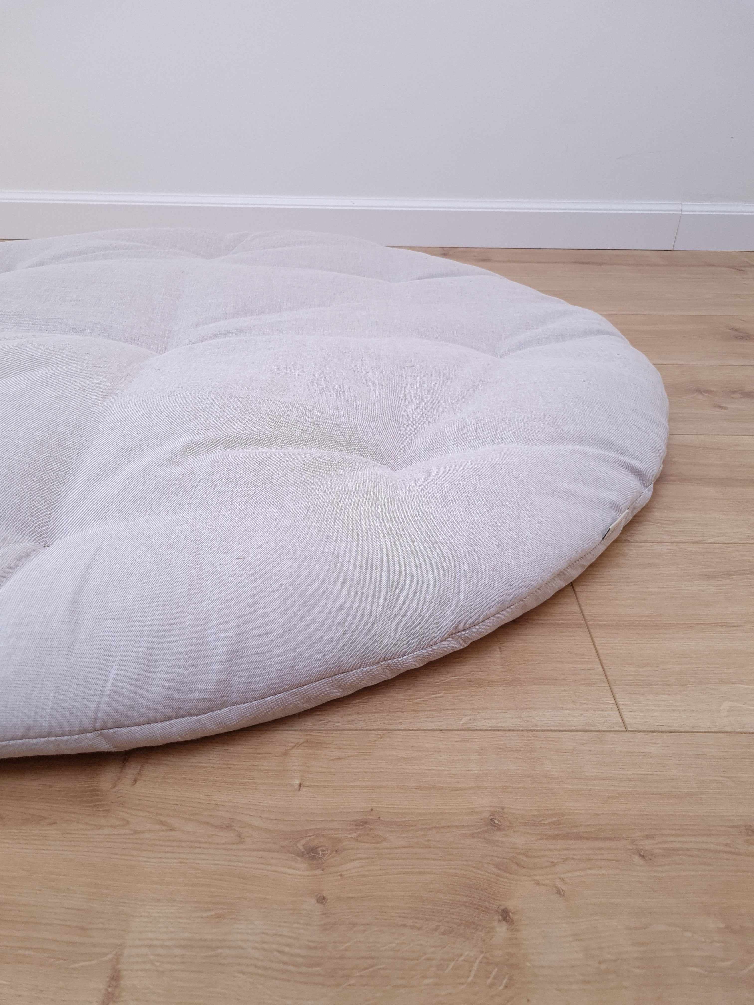 Hemp Linen 1" (2.5 cm) thick Round Play Mat Filled HEMP Fiber in non-dyed linen fabric baby crawling & play Mat Activity Tummy time mat
