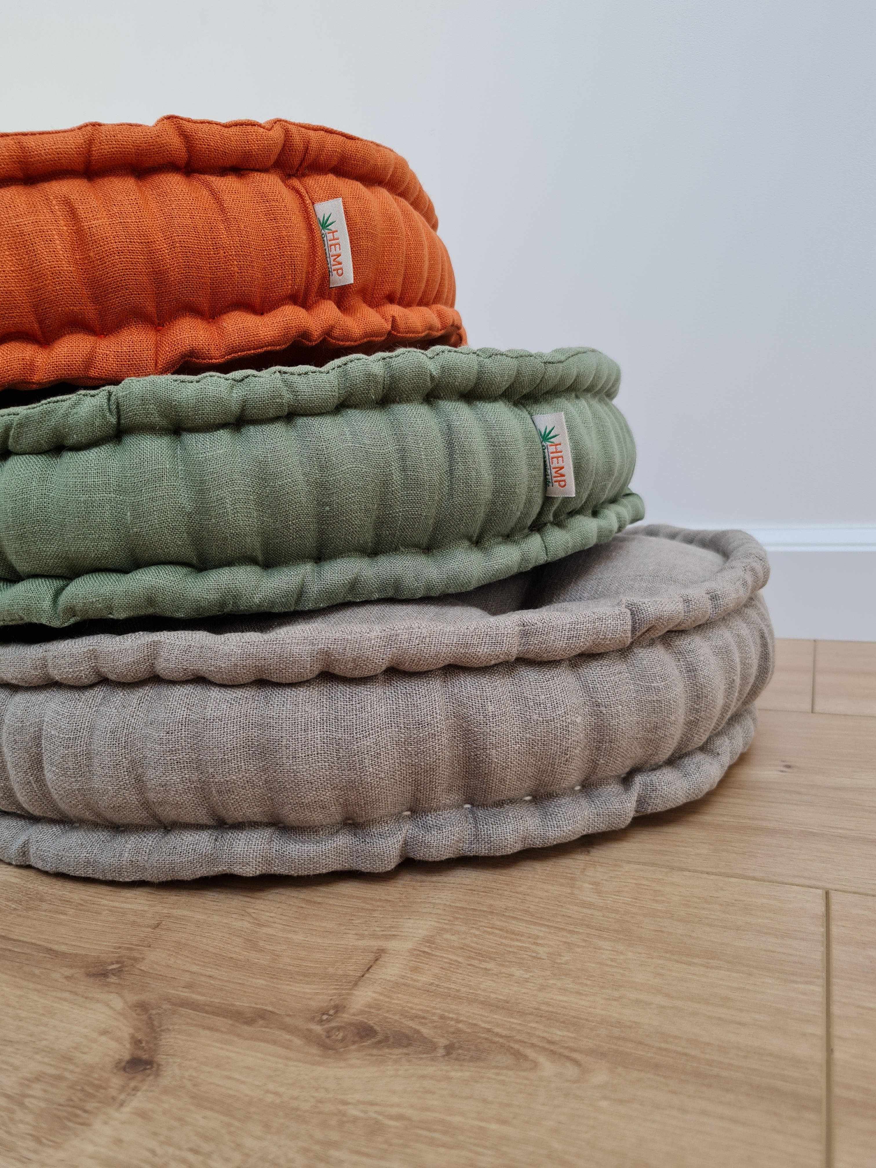 Black Round Hemp Linen Floor Cushion 6" (16cm) filled Organic Hemp Fiber in natural Linen fabric Meditation pillow seat custom made size