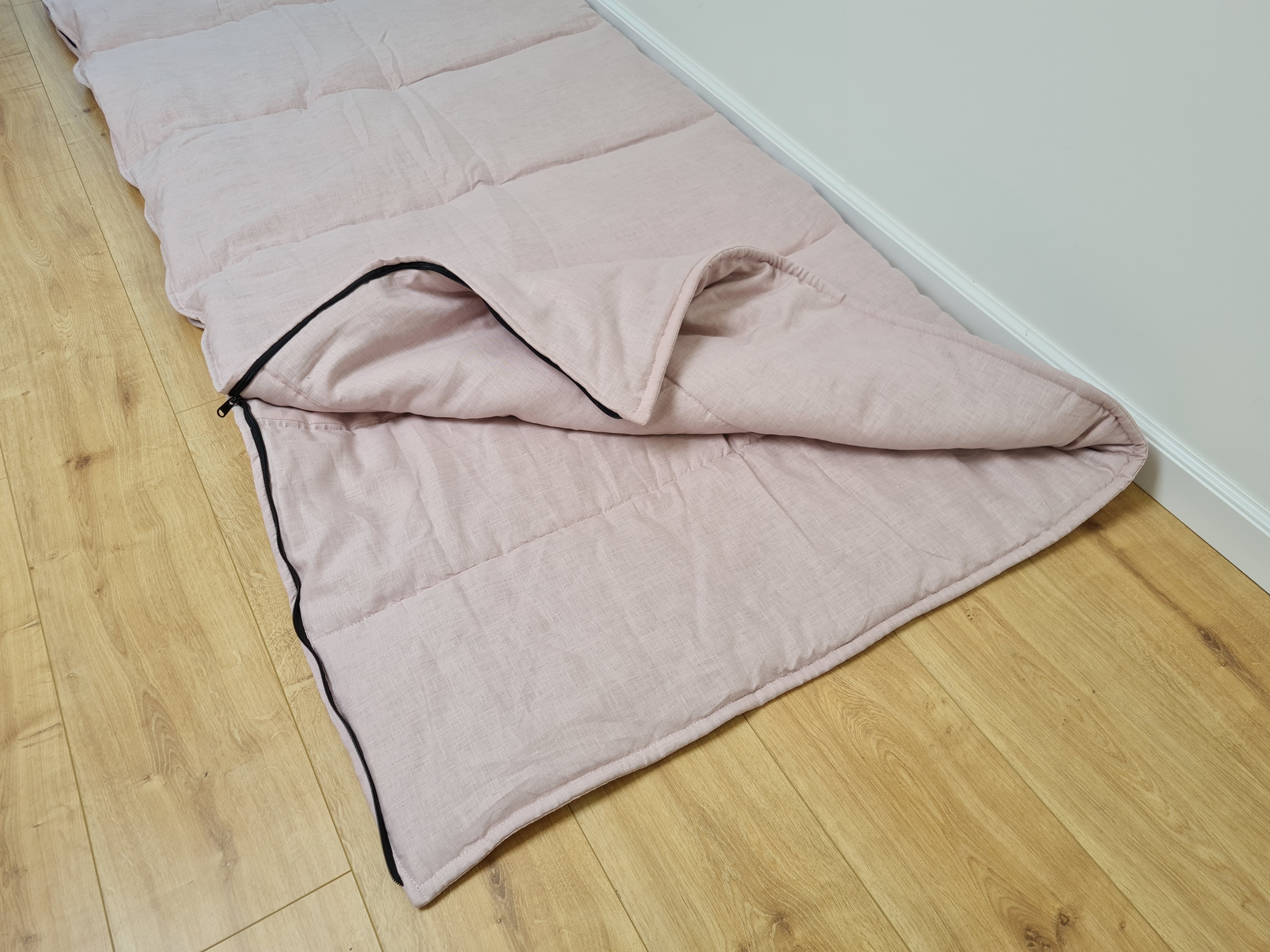 Thick HEMP Sleeping bag in washed ashen pink linen fabric- organic hemp fiber filling + linen fabric - blanket quilt, hand made
