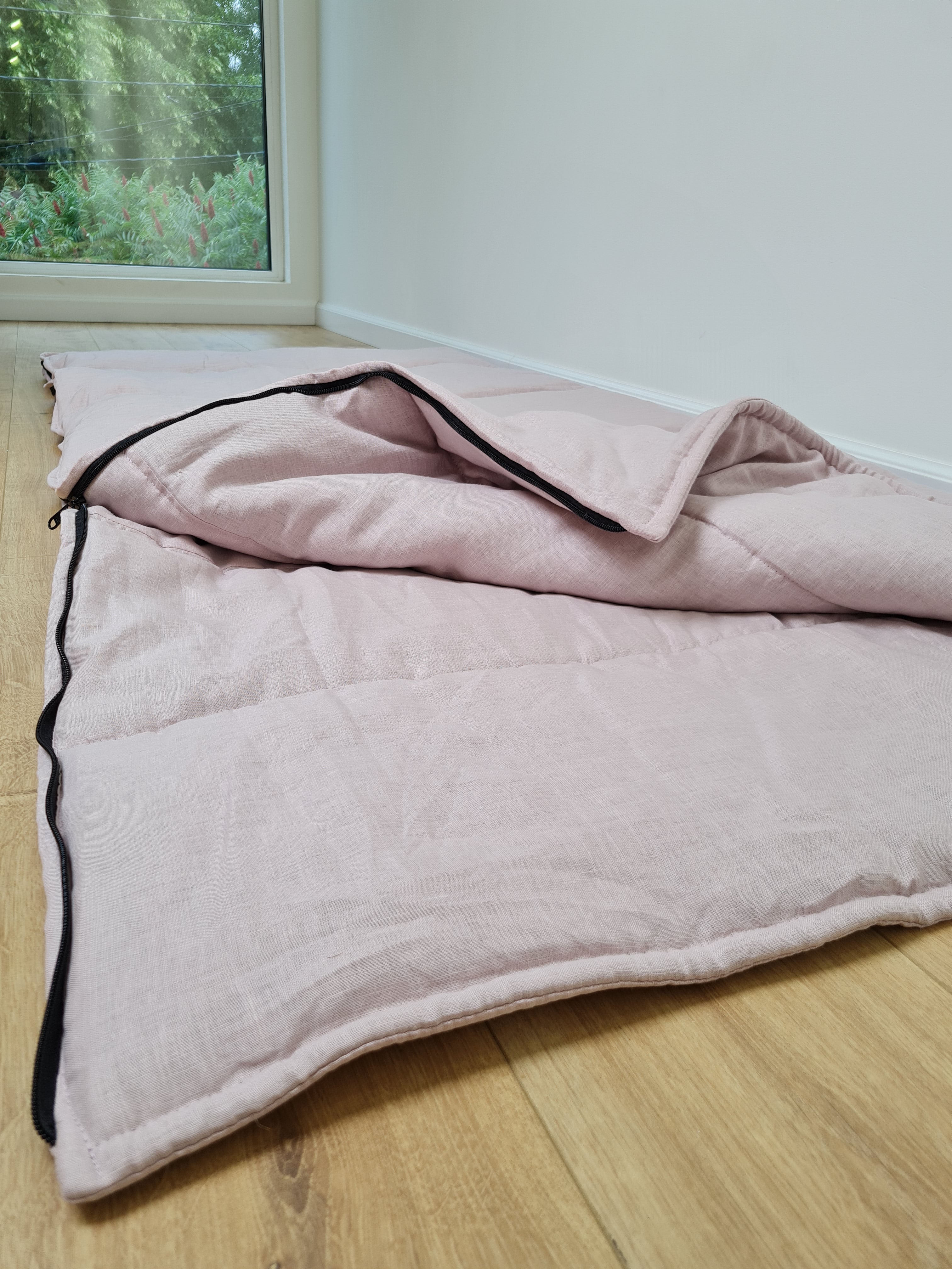 Thick HEMP Sleeping bag in washed ashen pink linen fabric- organic hemp fiber filling + linen fabric - blanket quilt, hand made