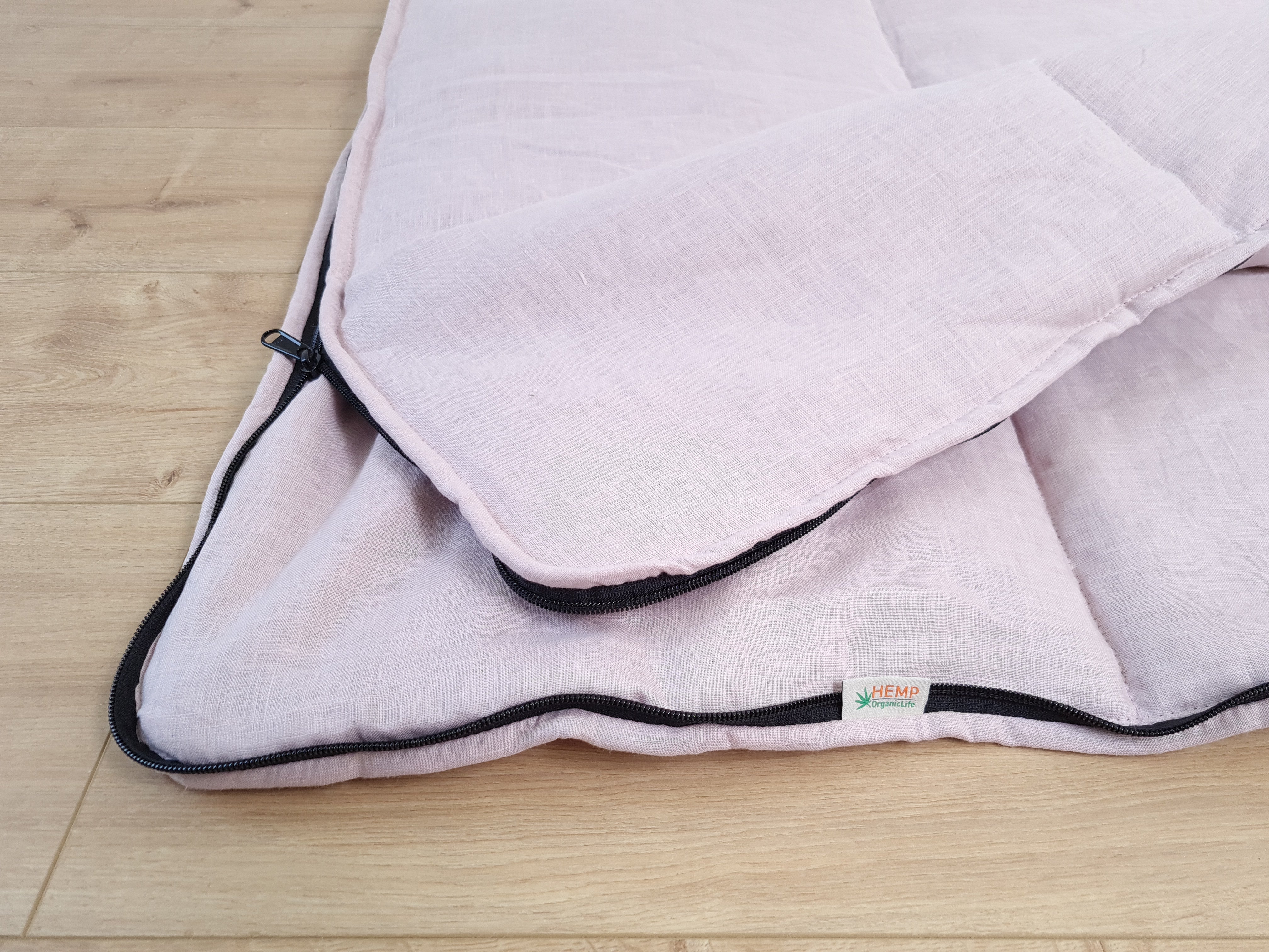 Thick HEMP Sleeping bag in washed ashen pink linen fabric- organic hemp fiber filling + linen fabric - blanket quilt, hand made