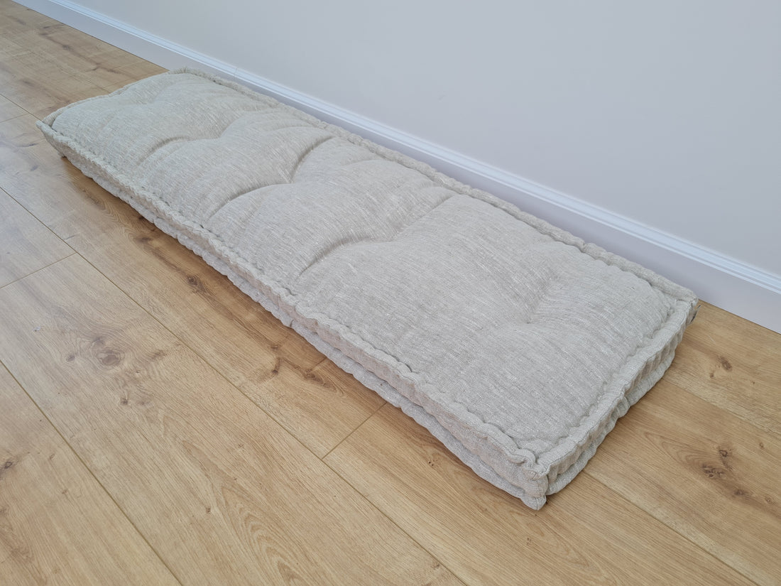 Hemp Custom madeWindow Mudroom Floor bench cushion filled organic hemp fiber in natural non-dyed light gray linen fabric all natural pillow