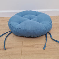 Round Hemp cushion with ties Hemp fiber in blue linen fabric natural organic Floor cushion / Window cushions custom made size