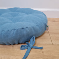 Round Hemp cushion with ties Hemp fiber in blue linen fabric natural organic Floor cushion / Window cushions custom made size