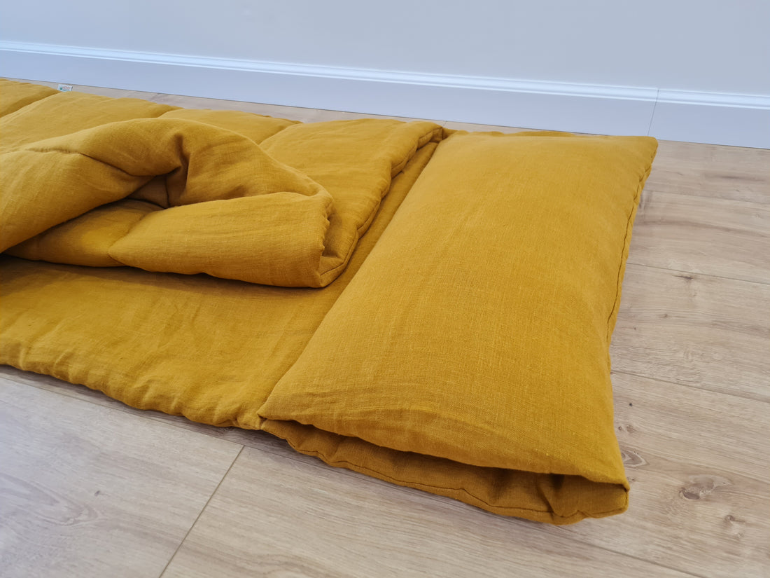 Kindergarten Hemp Linen Sleeping Bag with Pillow School Nap Mat Kids Organic Hemp Fiber Filling in mustard Linen Fabric hand made