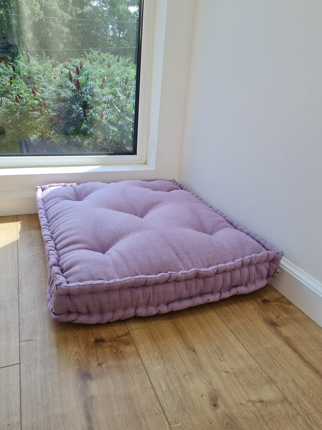 Hemp Custom madeWindow Mudroom Floor bench cushion filled organic hemp fiber in natural lilac linen fabric unique all natural pillow