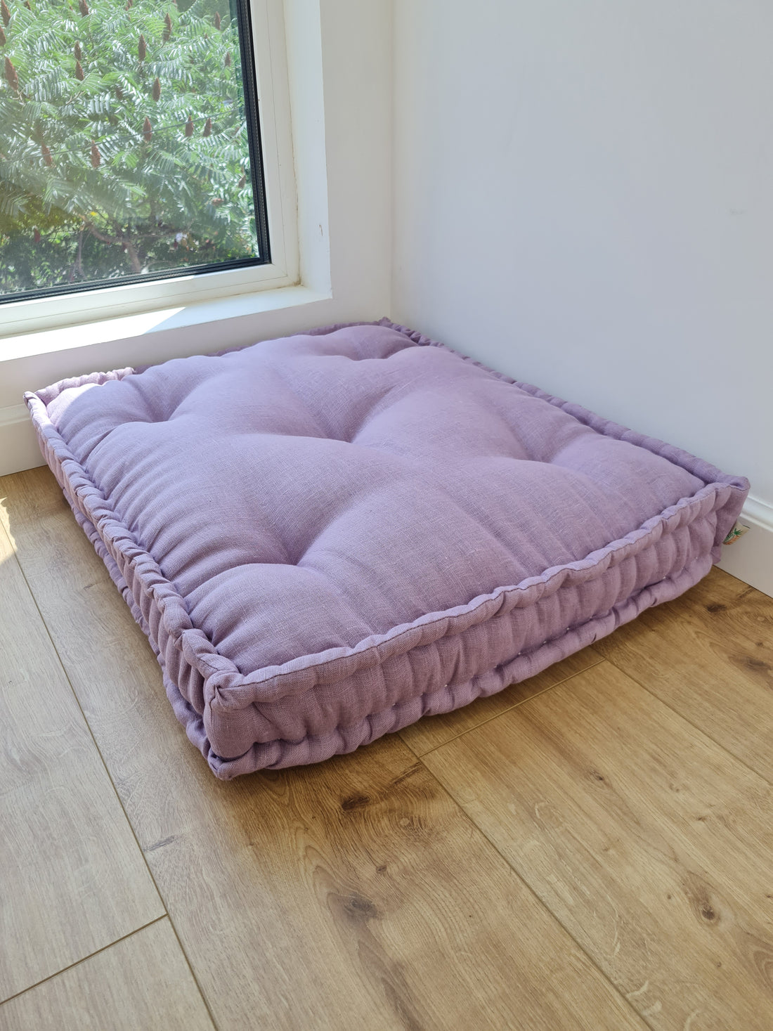 Hemp Custom madeWindow Mudroom Floor bench cushion filled organic hemp fiber in natural lilac linen fabric unique all natural pillow