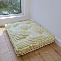 16" x 16" (40x40 cm) Hemp Custom made Window Mudroom Floor bench cushion "Lemon Stripes" filled organic hemp fiber in natural linen fabric