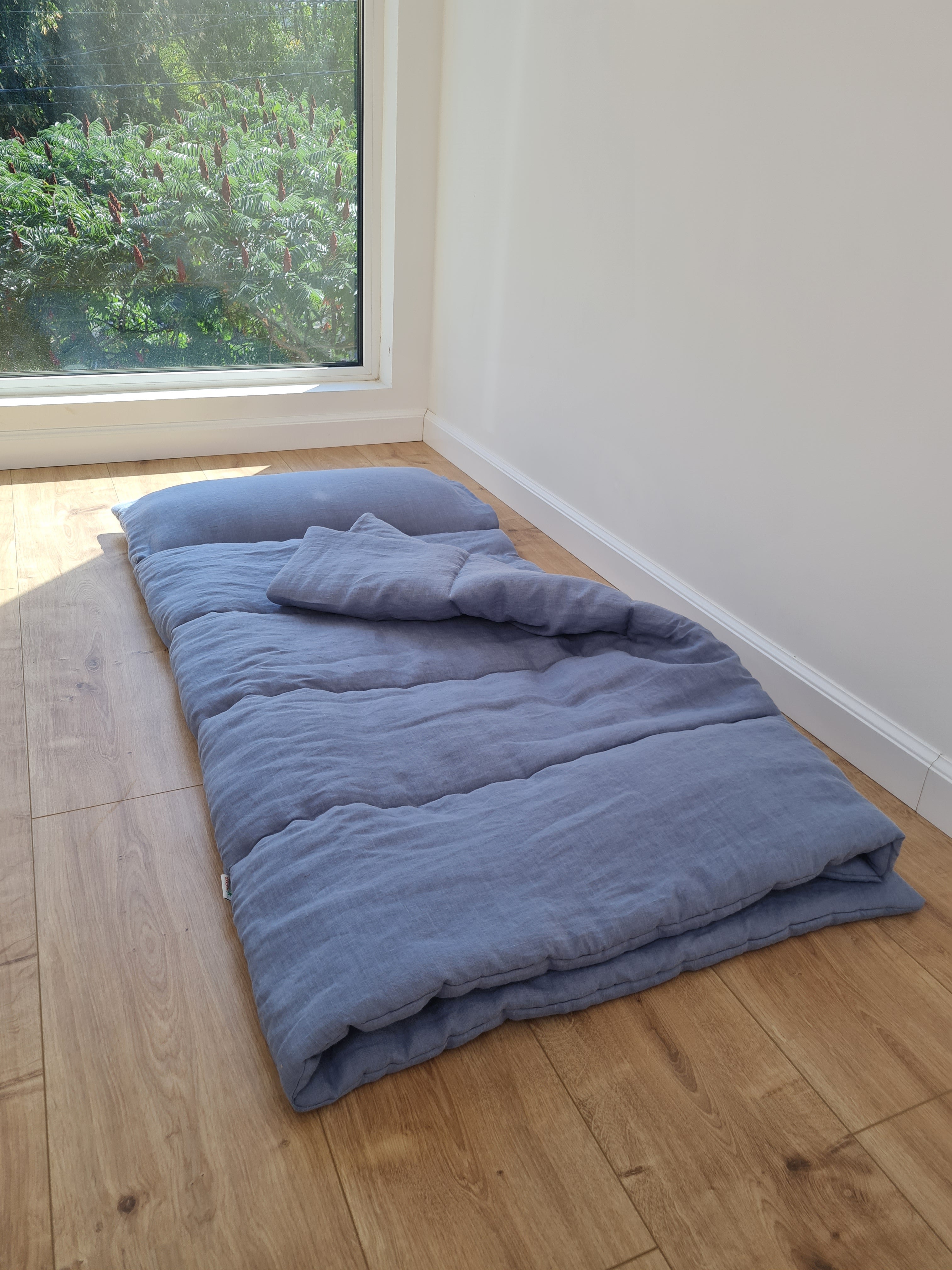 Kindergarten Hemp Linen Sleeping Bag with Pillow School Nap Mat Kids Organic Hemp Fiber Filling in light blue Linen Fabric, hand made
