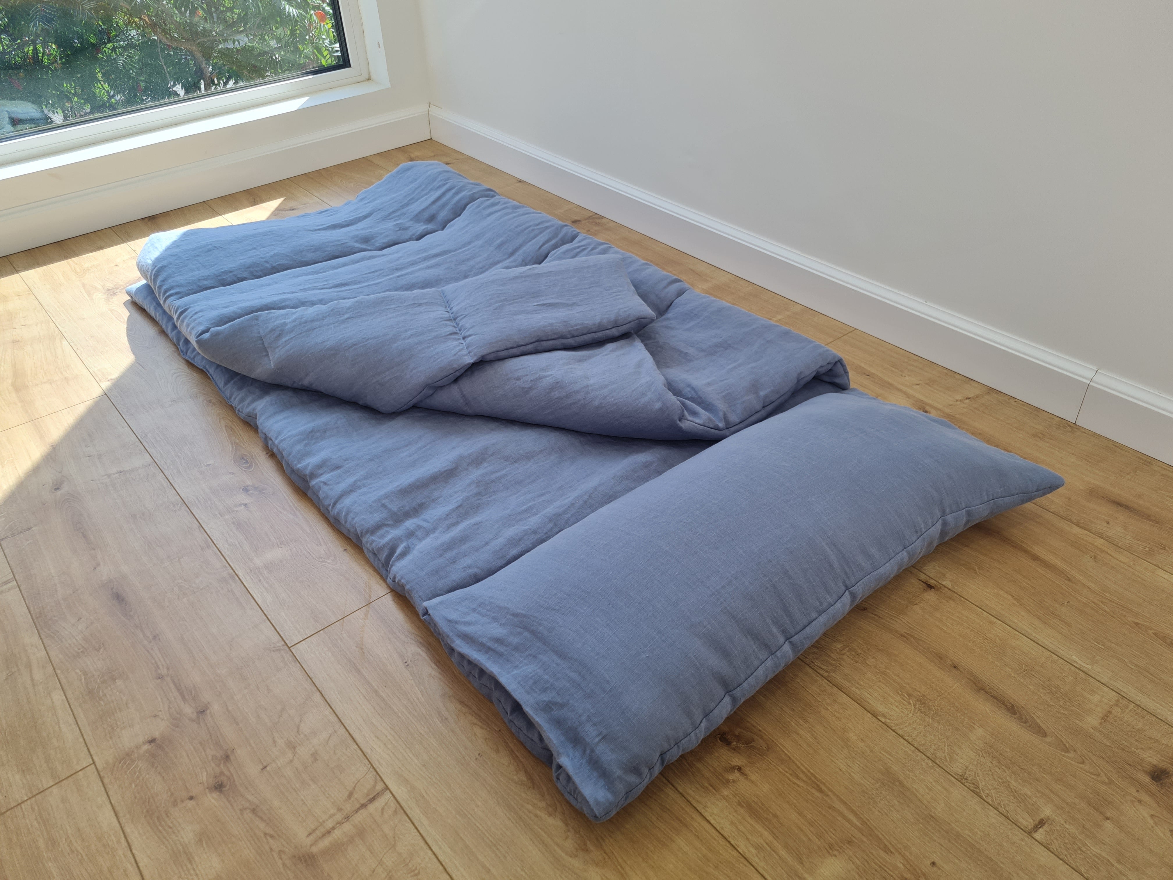 Kindergarten Hemp Linen Sleeping Bag with Pillow School Nap Mat Kids Organic Hemp Fiber Filling in light blue Linen Fabric, hand made