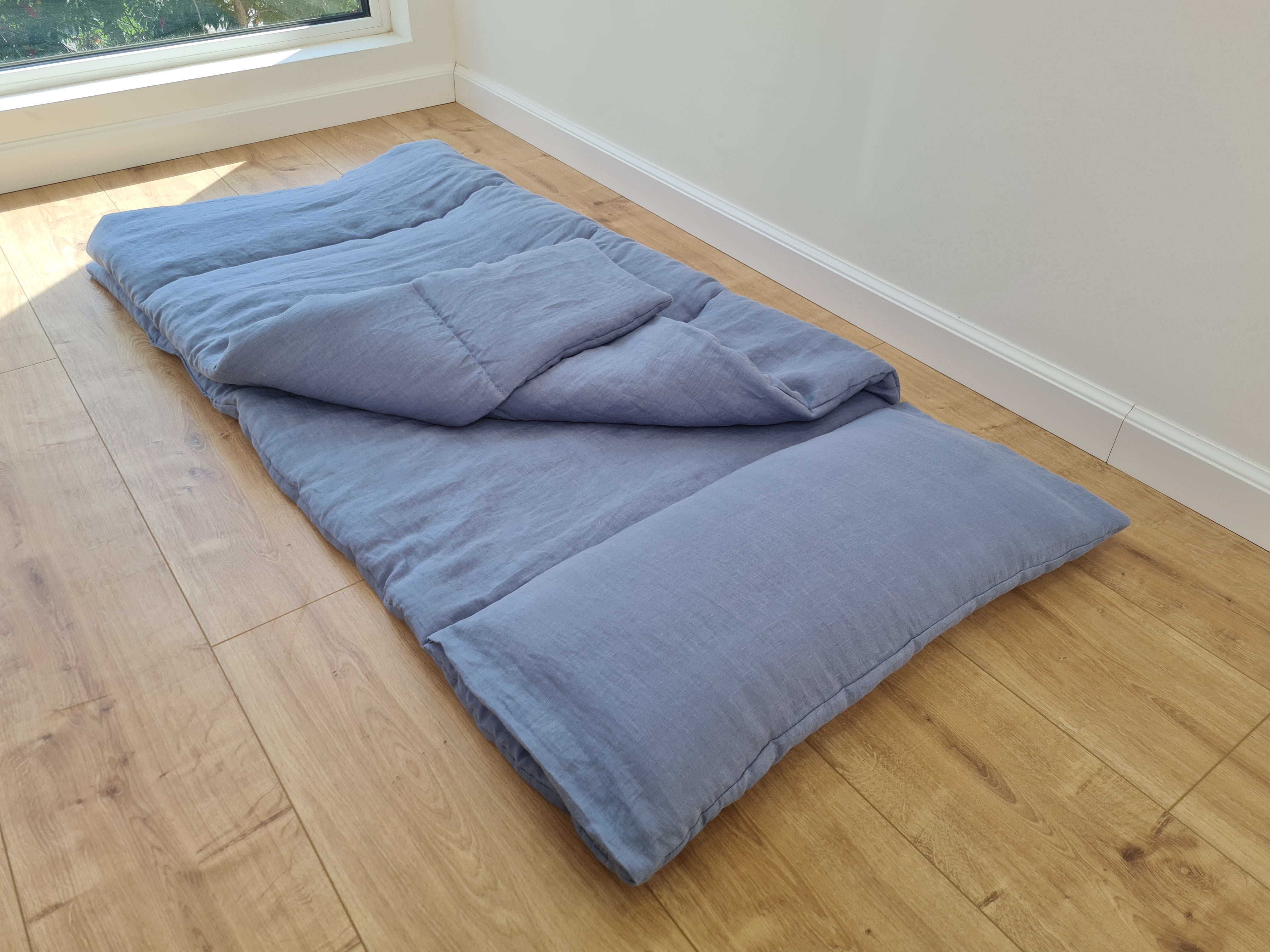 Kindergarten Hemp Linen Sleeping Bag with Pillow School Nap Mat Kids Organic Hemp Fiber Filling in light blue Linen Fabric, hand made