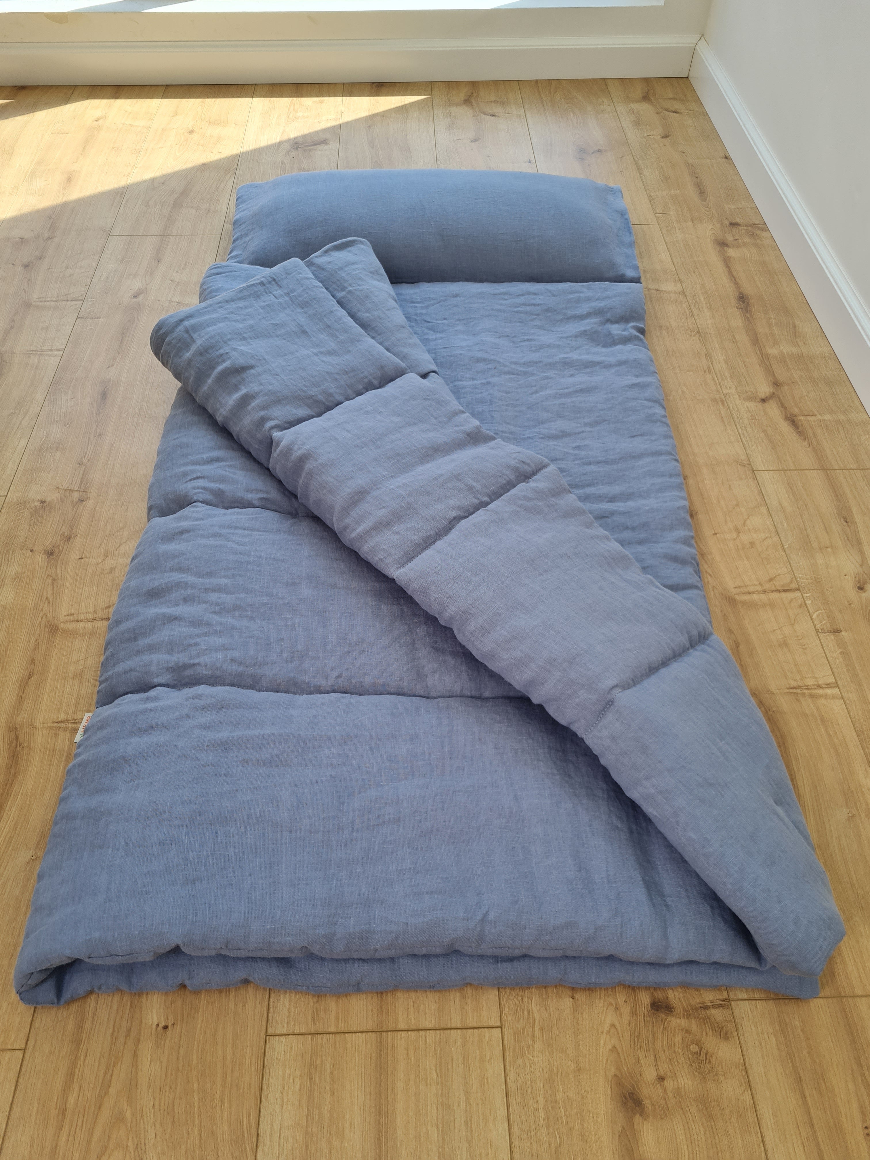 Kindergarten Hemp Linen Sleeping Bag with Pillow School Nap Mat Kids Organic Hemp Fiber Filling in light blue Linen Fabric, hand made