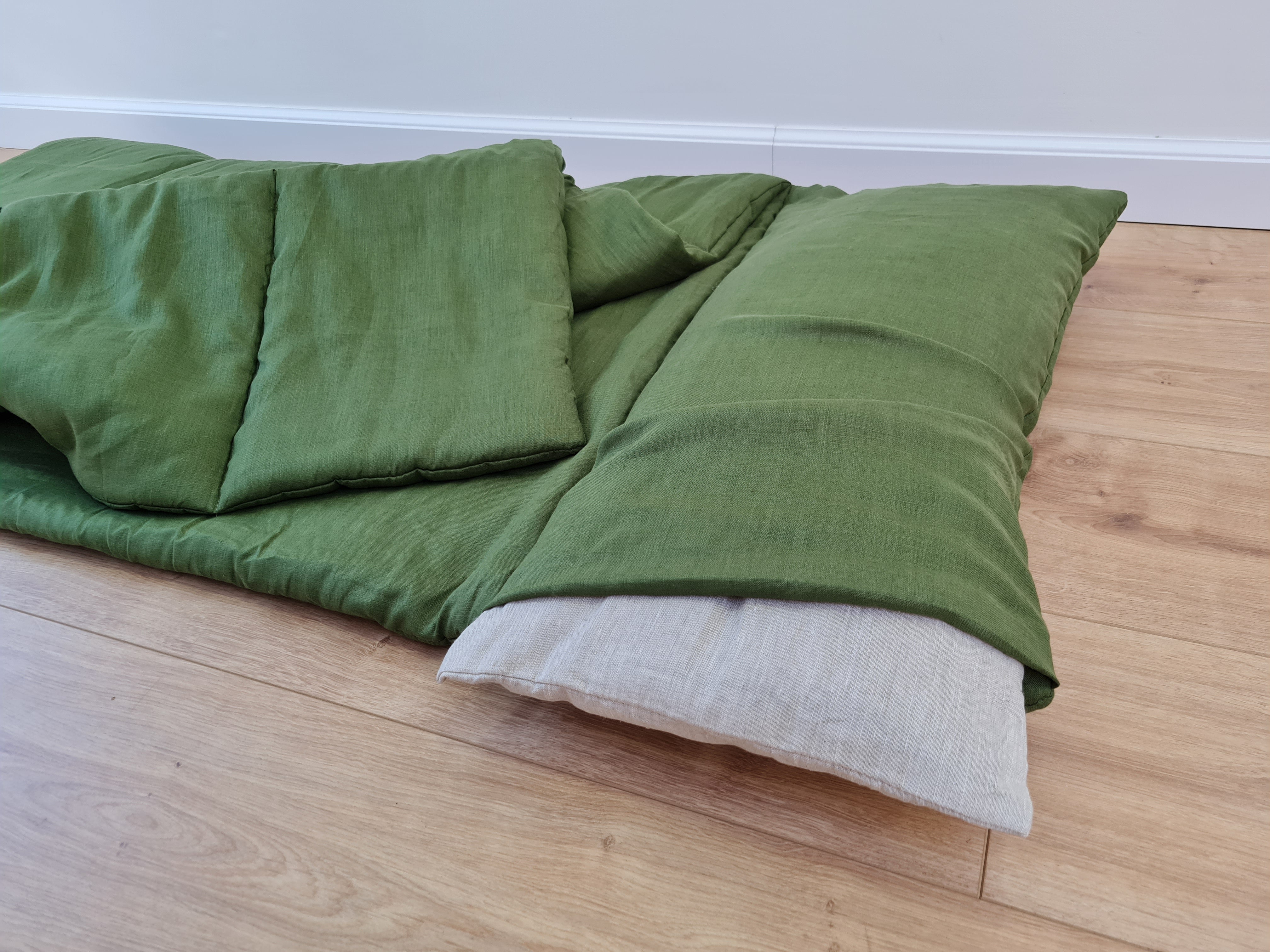 Kindergarten Hemp Linen Sleeping Bag with Pillow School Nap Mat Kids Organic Hemp Fiber Filling in green Linen Fabric blanket, hand made
