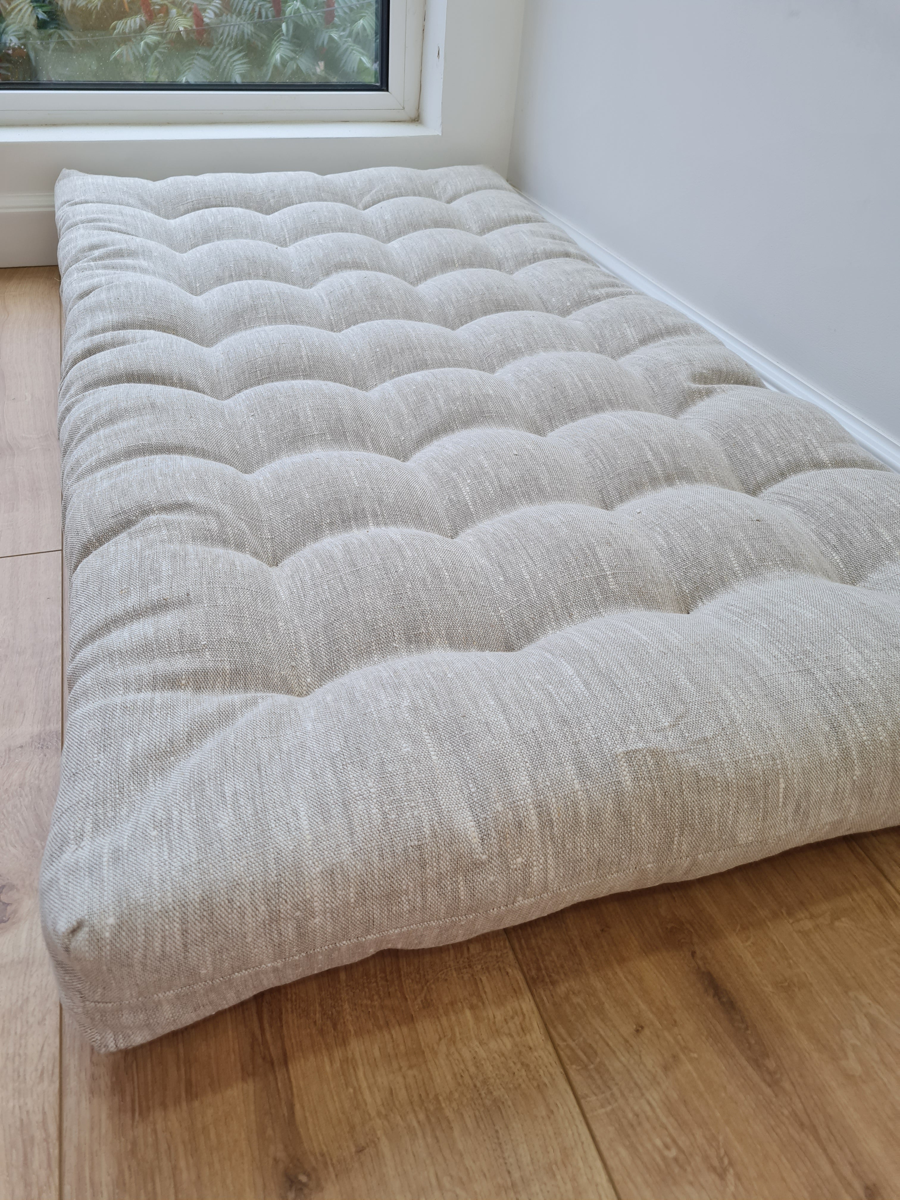 Hemp Linen cushion mat with organic hemp fiber filling in natural non dyed linen fabric window bench cushion custom made