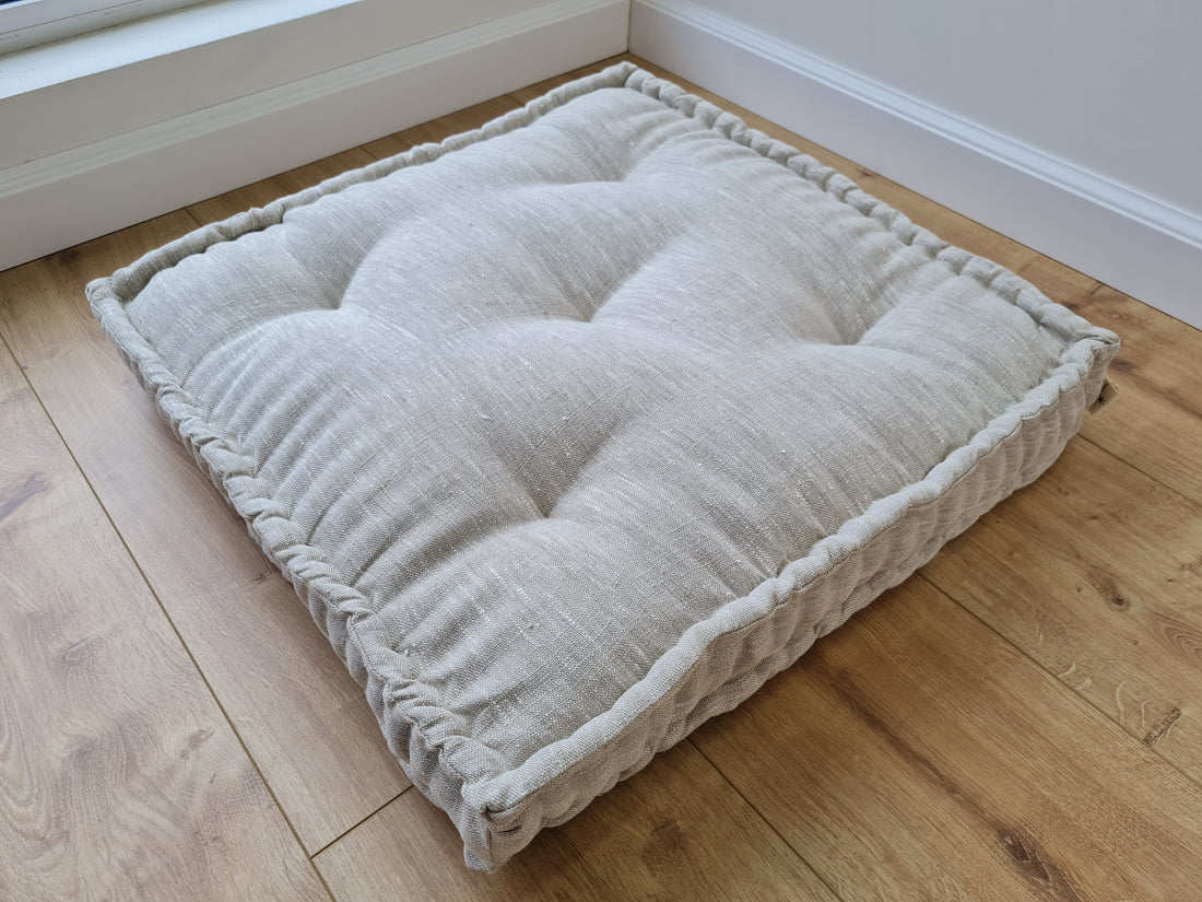 Hemp Custom madeWindow Mudroom Floor bench cushion filled organic hemp fiber in natural non-dyed light gray linen fabric all natural pillow
