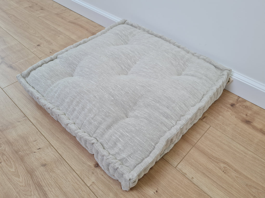 Hemp Custom madeWindow Mudroom Floor bench cushion filled organic hemp fiber in natural non-dyed light gray linen fabric all natural pillow