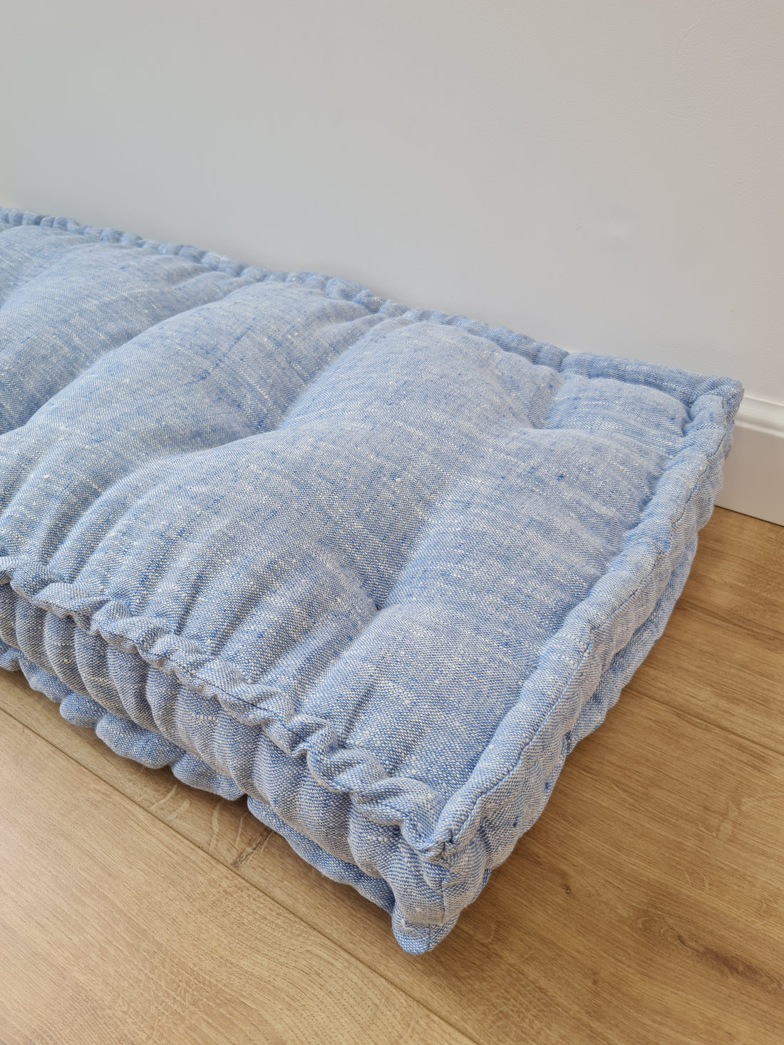 Hemp Custom madeWindow Mudroom Floor bench cushion filled organic hemp fiber in natural light blue linen fabric unique all natural pillow