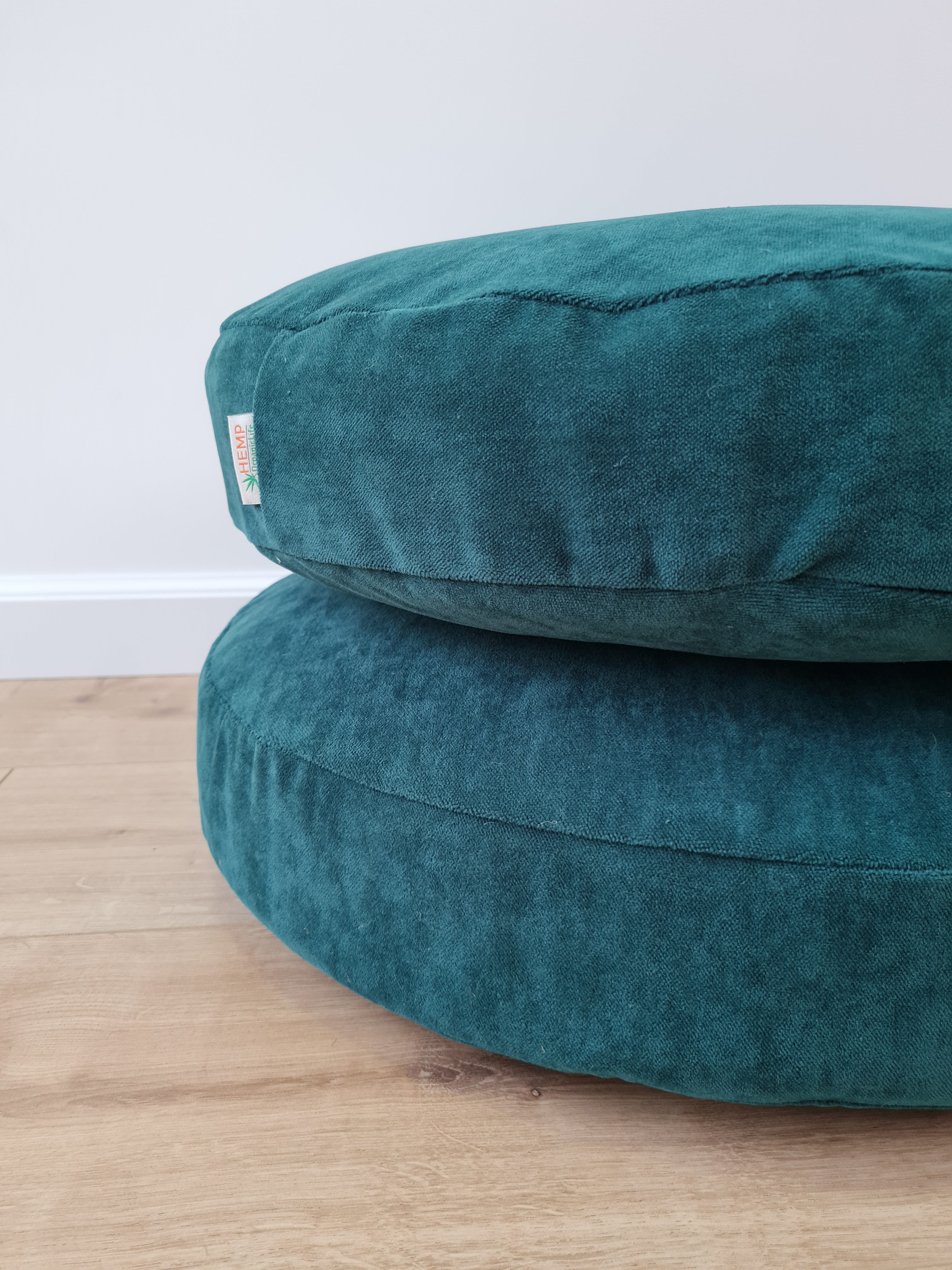 Round Hemp Cushion with Removable Green Velvet Cotton Cover Hemp Fiber Filling in Italian velvet fabric Floor cushion pillow custom made