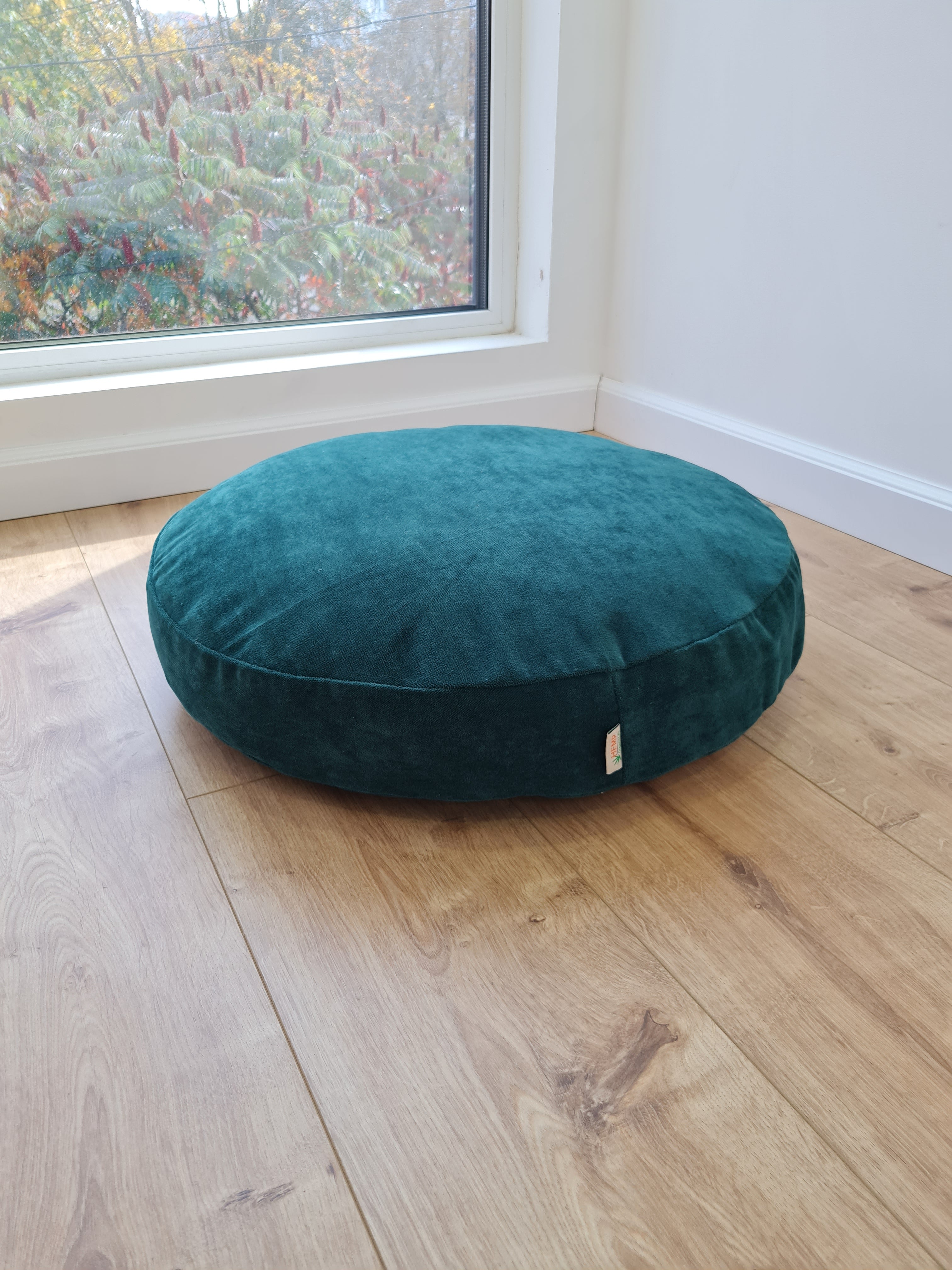 Round Hemp Cushion with Removable Green Velvet Cotton Cover Hemp Fiber Filling in Italian velvet fabric Floor cushion pillow custom made