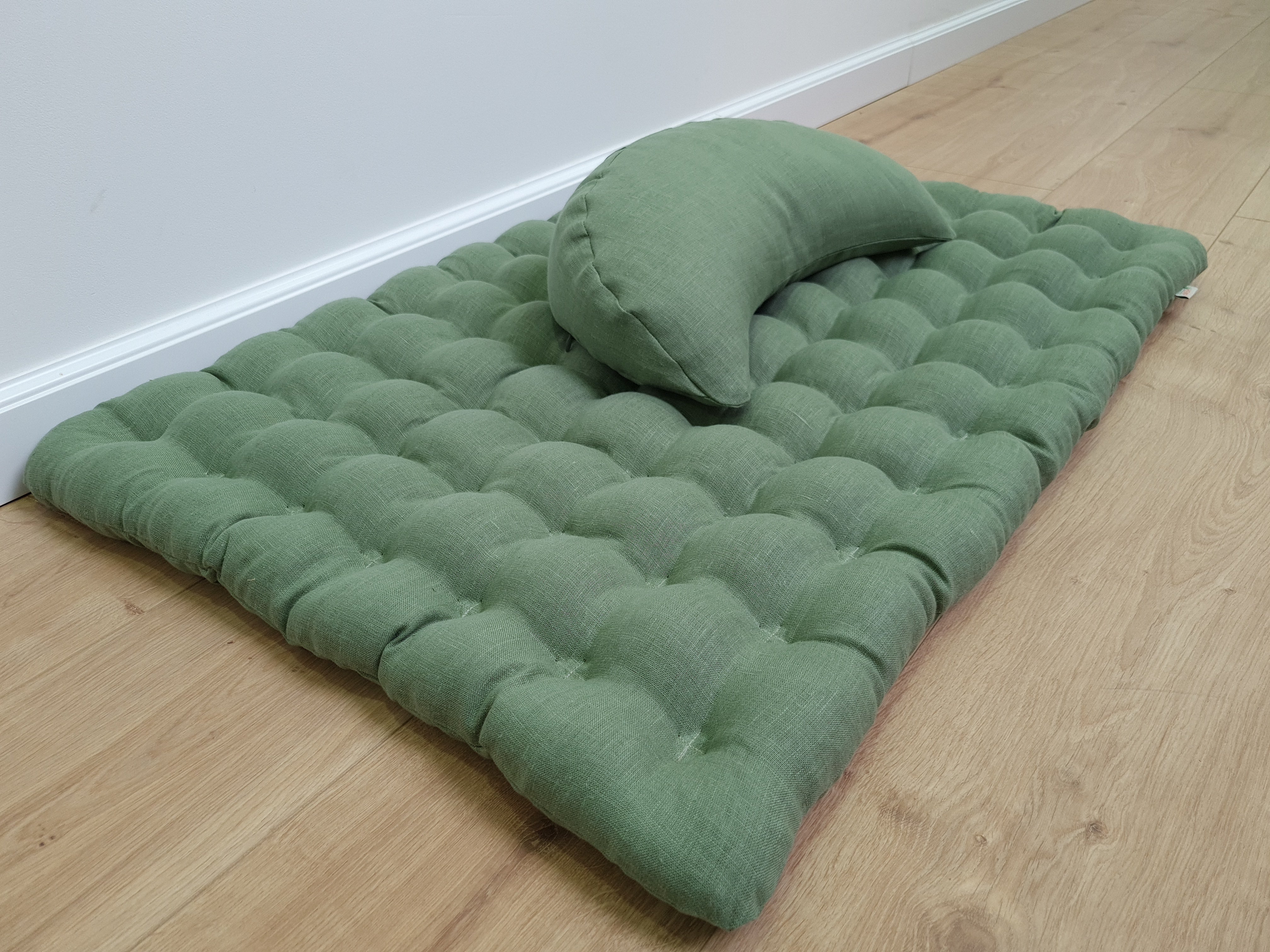 Set of linen meditation olive Cresсent cushion + mat floor cushion 23" x 35" filled with buckwheat hulls