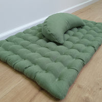 Set of linen meditation olive Cresсent cushion + mat floor cushion 23" x 35" filled with buckwheat hulls