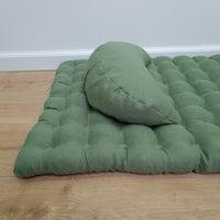 Set of linen meditation olive Cresсent cushion + mat floor cushion 23" x 35" filled with buckwheat hulls