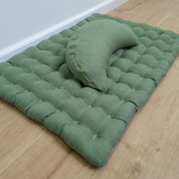 Set of linen meditation olive Cresсent cushion + mat floor cushion 23" x 35" filled with buckwheat hulls