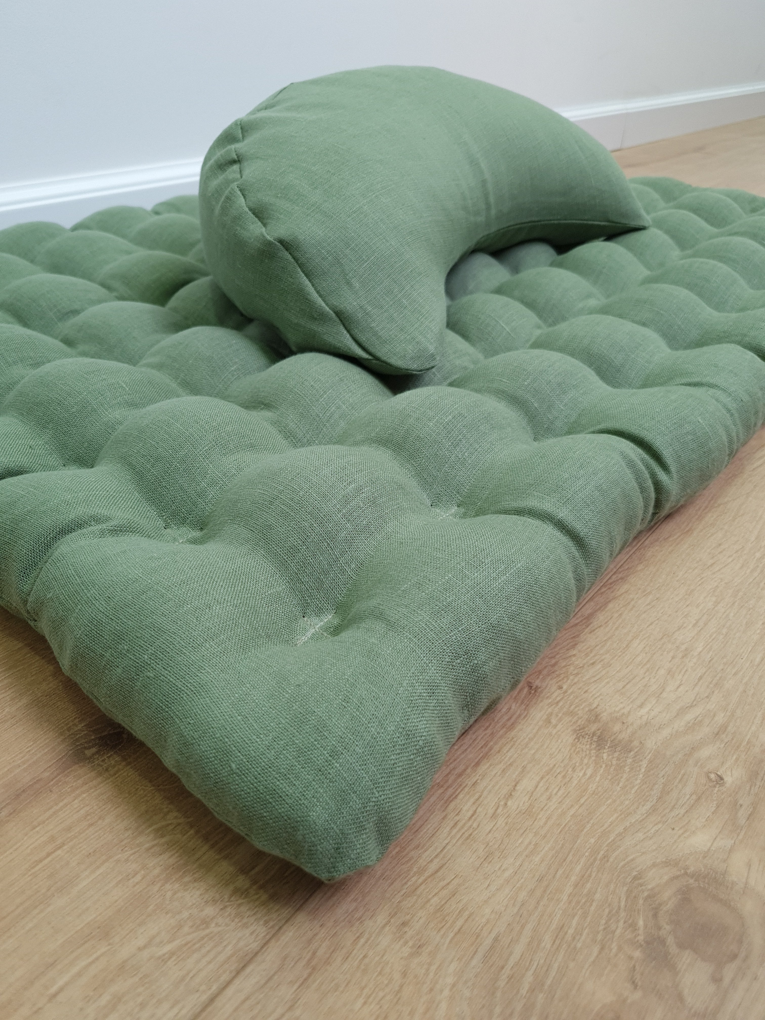 Set of linen meditation olive Cresсent cushion + mat floor cushion 23" x 35" filled with buckwheat hulls