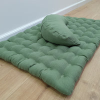 Set of linen meditation olive Cresсent cushion + mat floor cushion 23" x 35" filled with buckwheat hulls