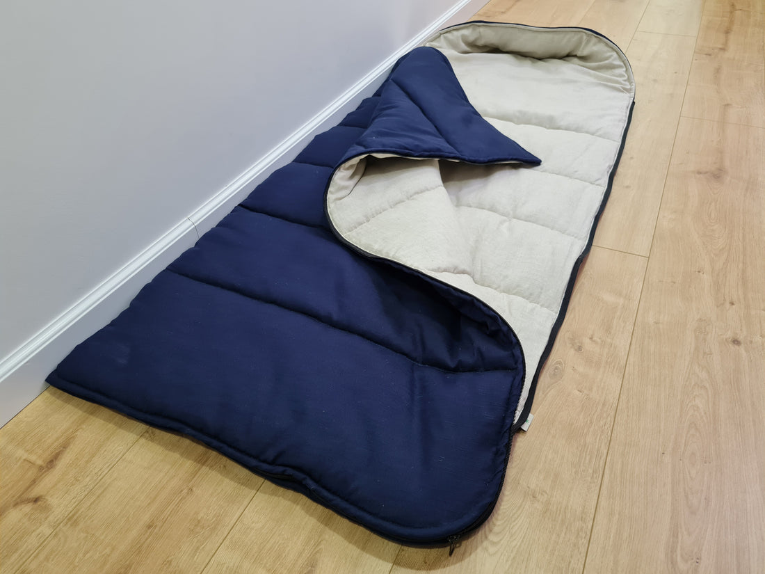 Natural Kids HEMP Linen Sleeping Bag with Hood in dark blue School Nap mat for Kids, camping van sleeping bag organic hemp fiber filling