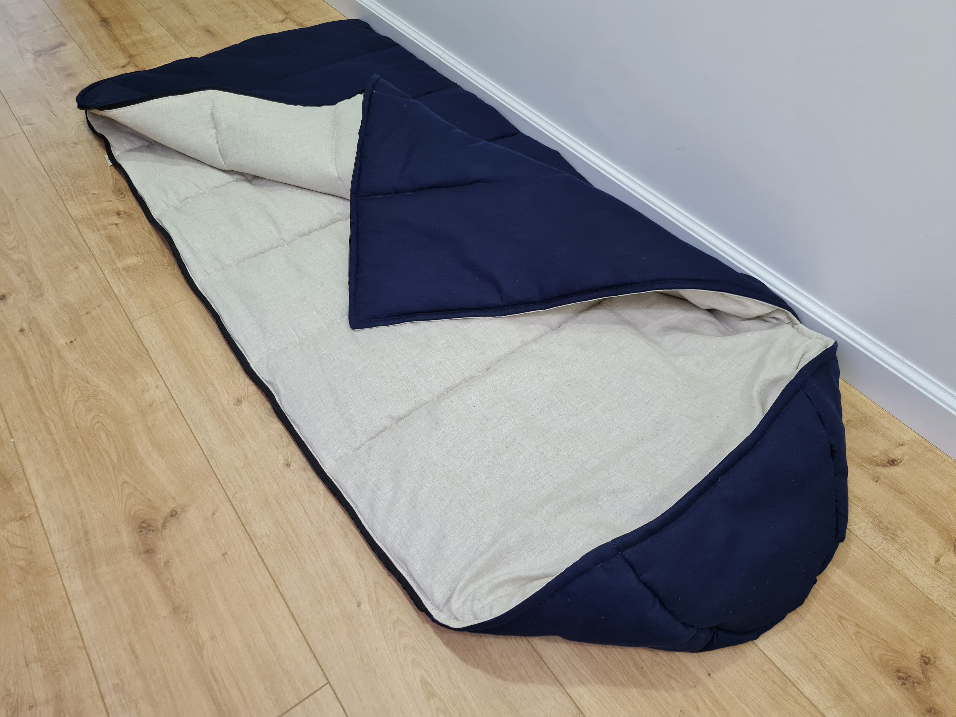 Natural Kids HEMP Linen Sleeping Bag with Hood in dark blue School Nap mat for Kids, camping van sleeping bag organic hemp fiber filling
