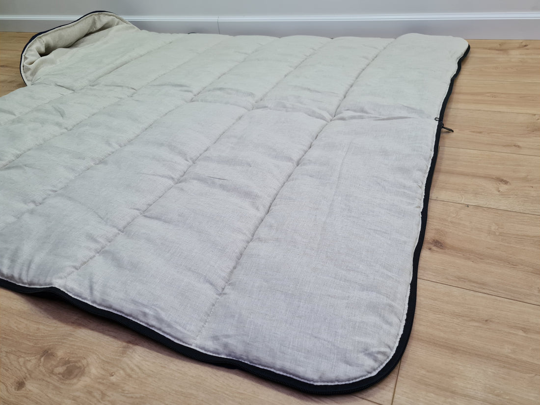 Natural Kids HEMP Linen Sleeping Bag with Hood in dark blue School Nap mat for Kids, camping van sleeping bag organic hemp fiber filling