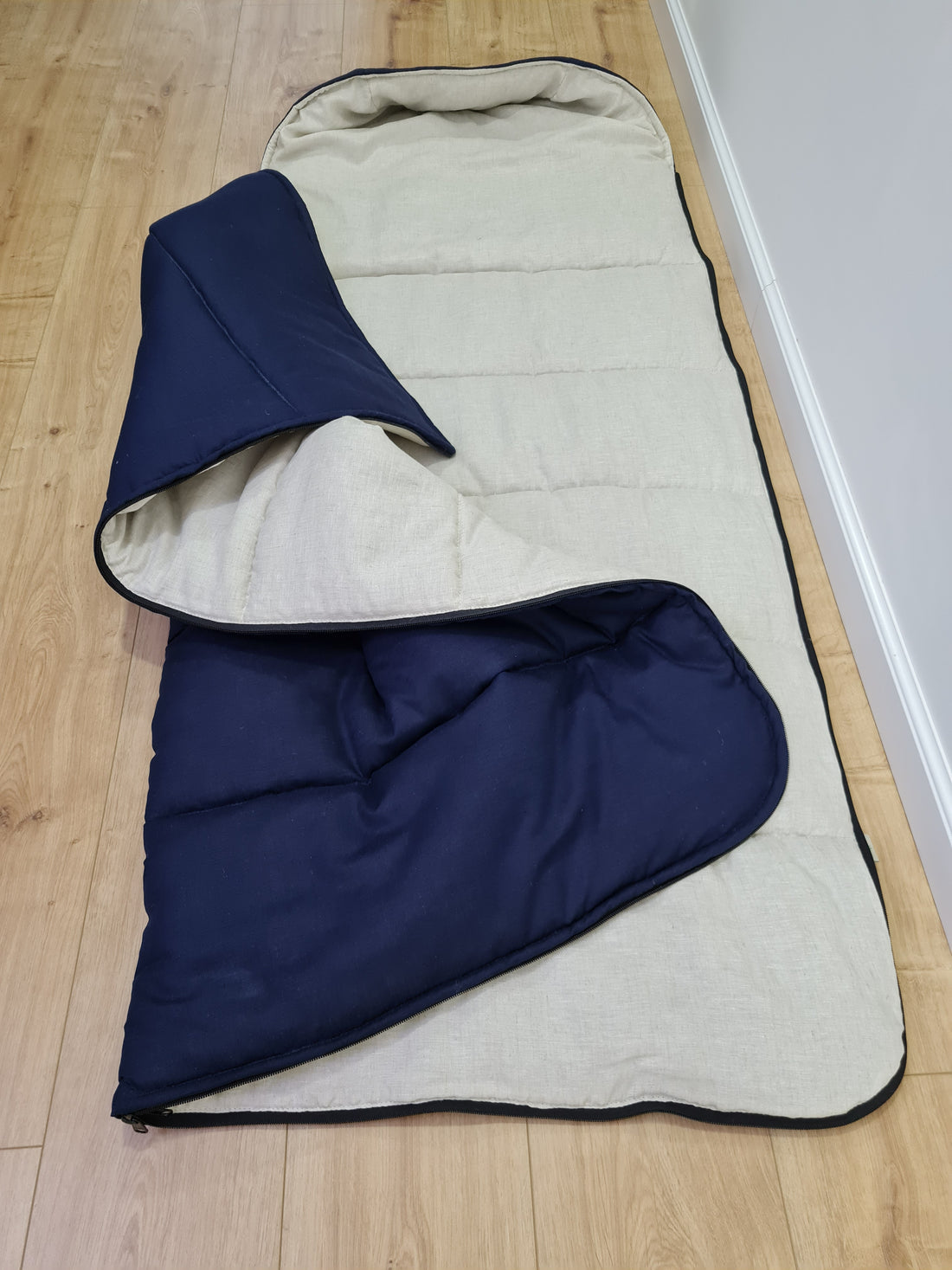 Natural Kids HEMP Linen Sleeping Bag with Hood in dark blue School Nap mat for Kids, camping van sleeping bag organic hemp fiber filling