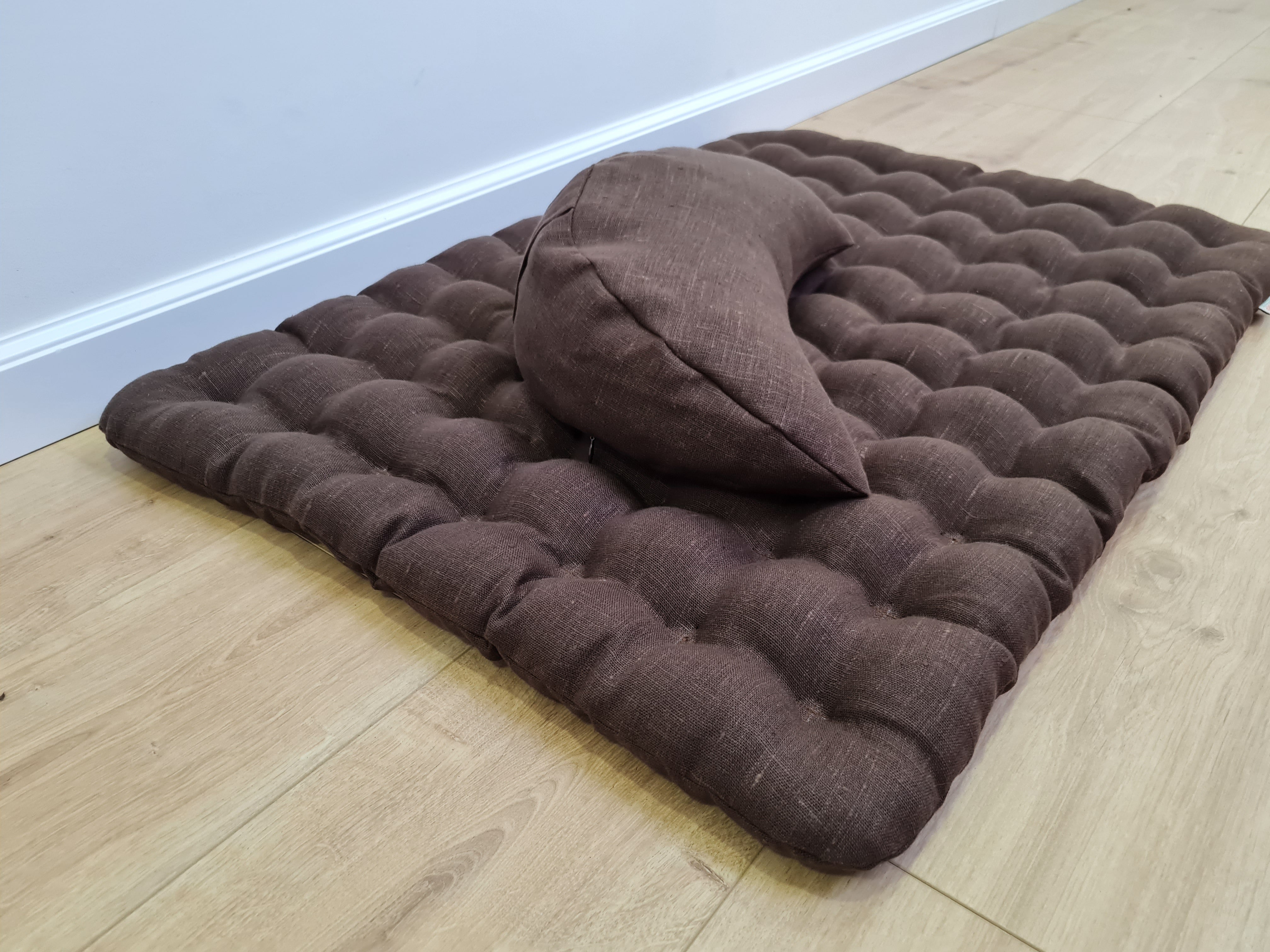 Set of linen meditation Crescent cushion + mat floor cushion 23" x 35" filled with buckwheat hulls