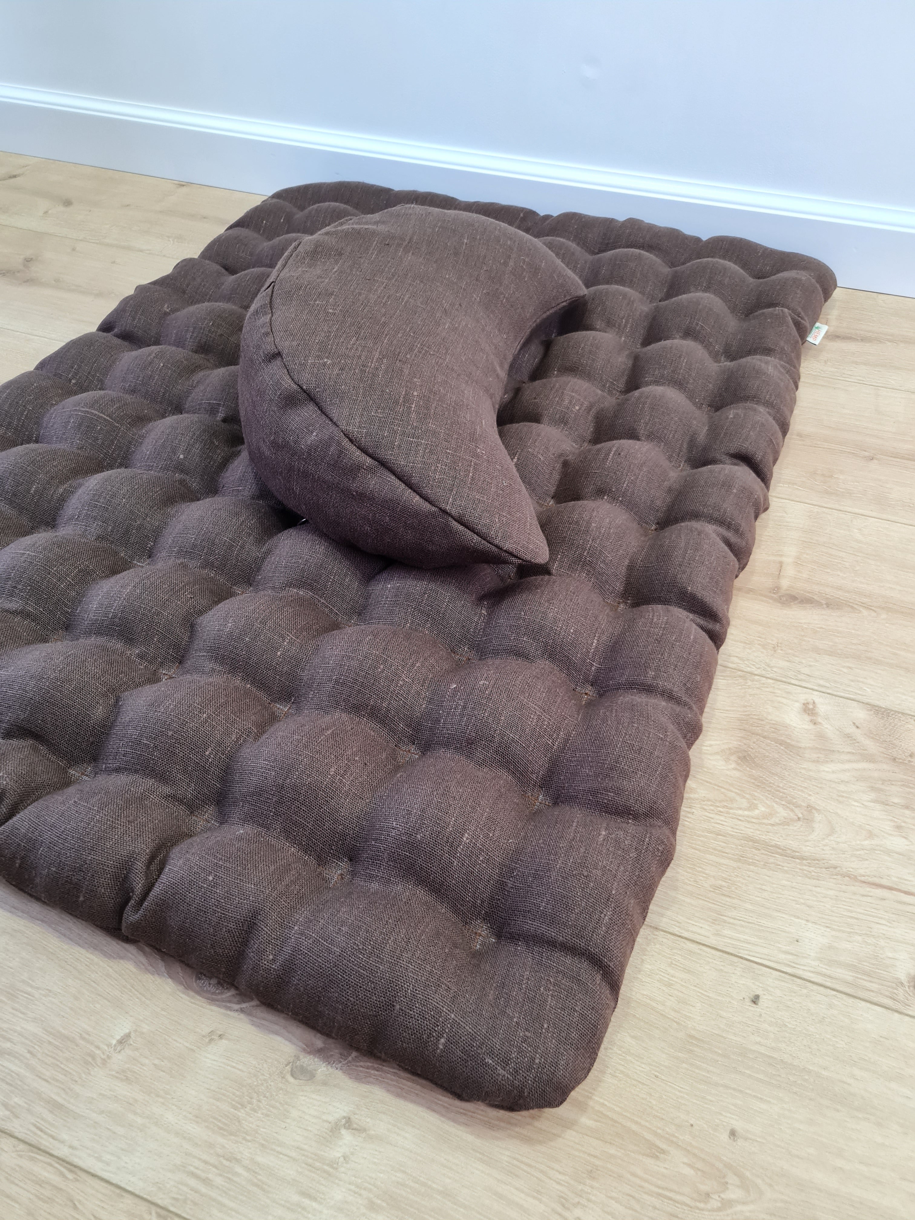 Set of linen meditation Crescent cushion + mat floor cushion 23" x 35" filled with buckwheat hulls