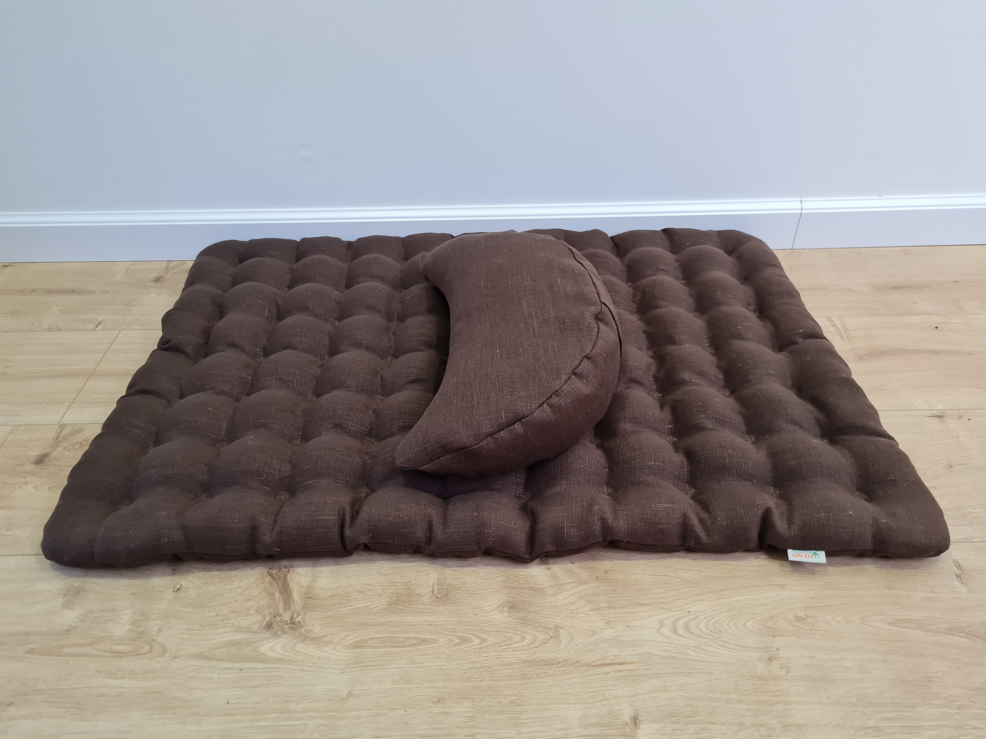 Set of linen meditation Crescent cushion + mat floor cushion 23" x 35" filled with buckwheat hulls